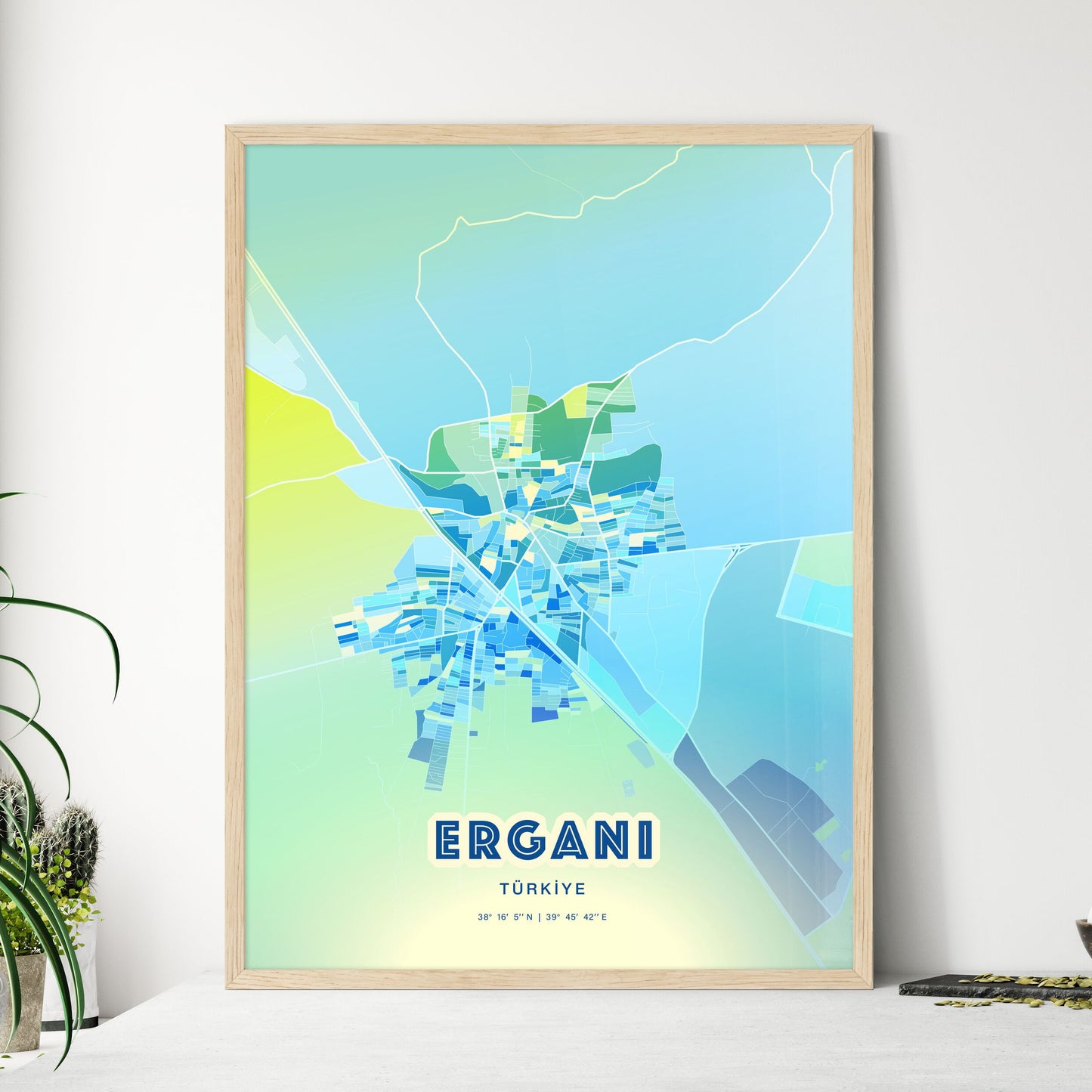 Colorful ERGANI TURKEY Fine Art Map Cool Blue