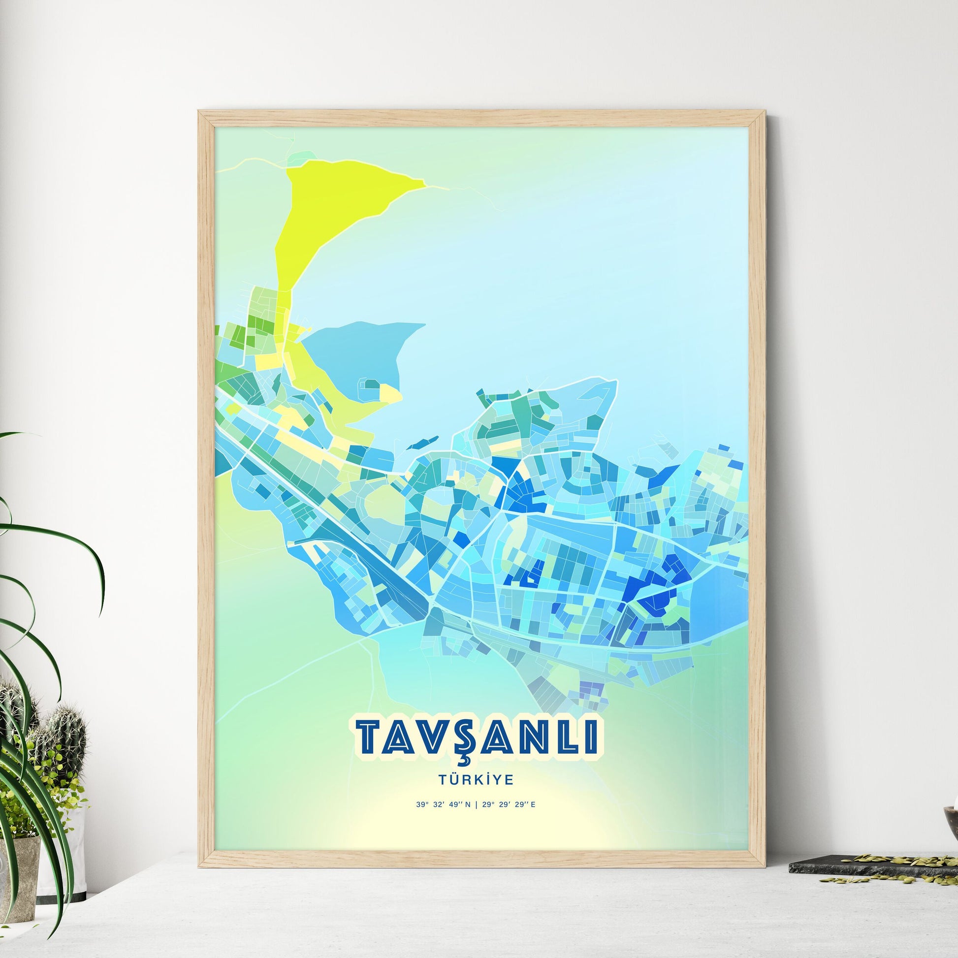 Colorful TAVŞANLI TURKEY Fine Art Map Cool Blue