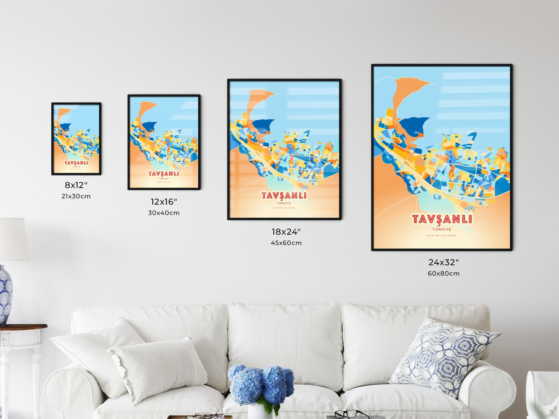 Colorful TAVŞANLI TURKEY Fine Art Map Blue Orange