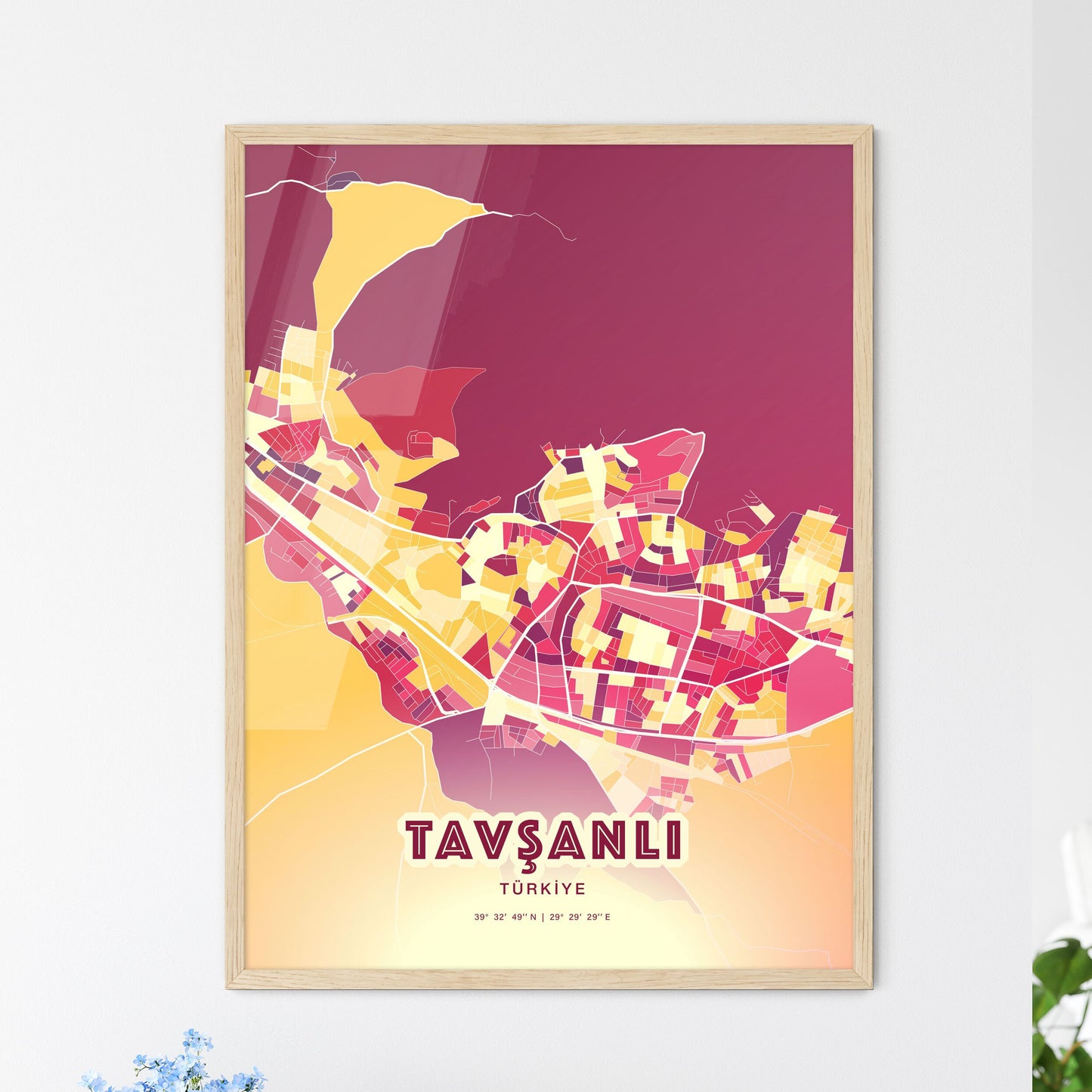 Colorful TAVŞANLI TURKEY Fine Art Map Hot Red