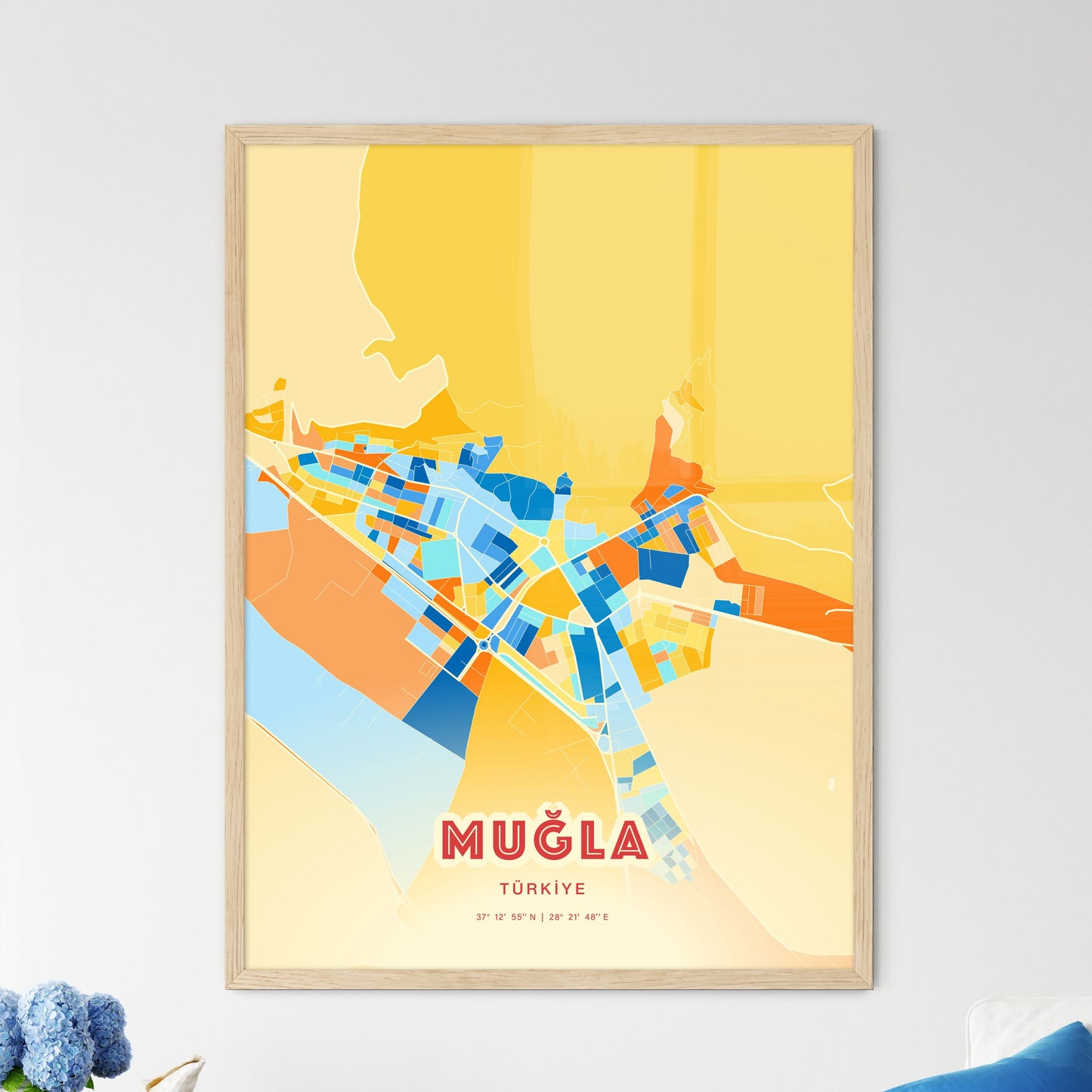 Colorful MUĞLA TURKEY Fine Art Map Blue Orange