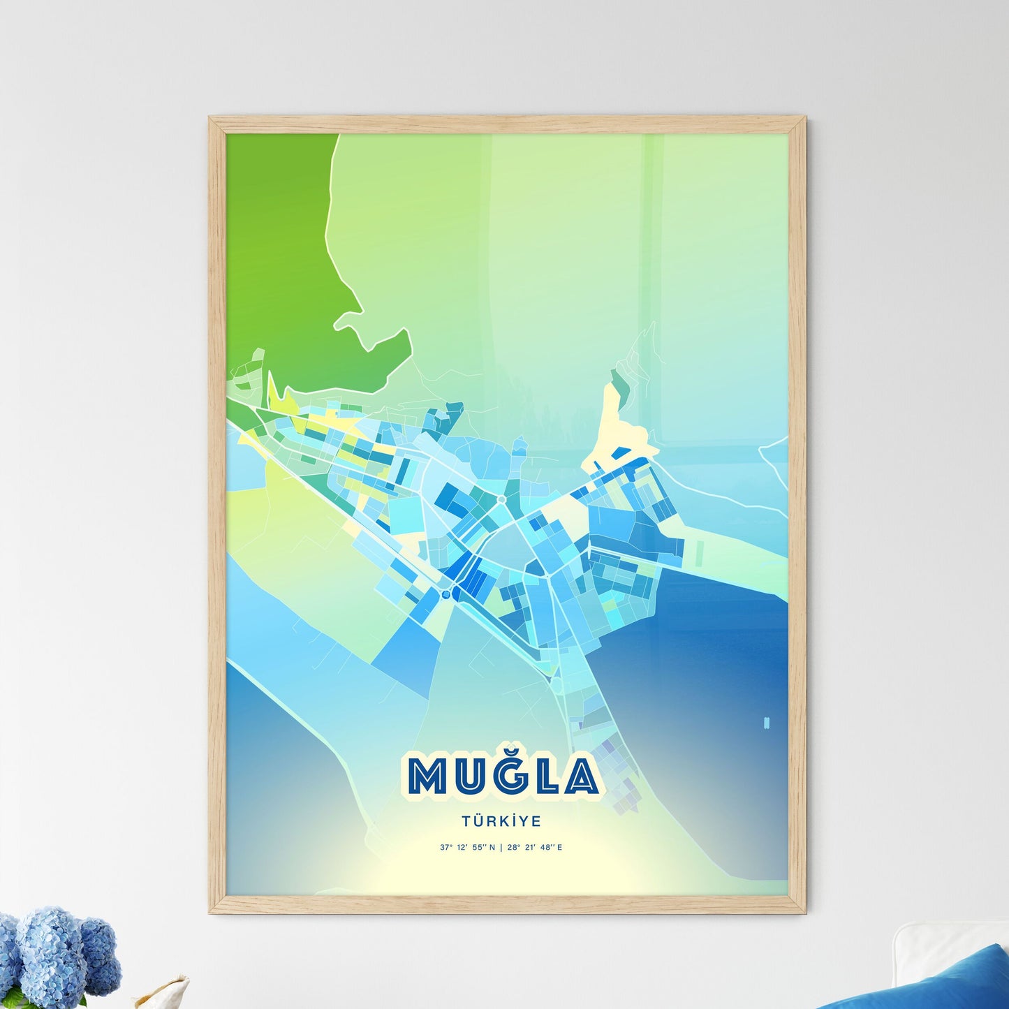 Colorful MUĞLA TURKEY Fine Art Map Cool Blue