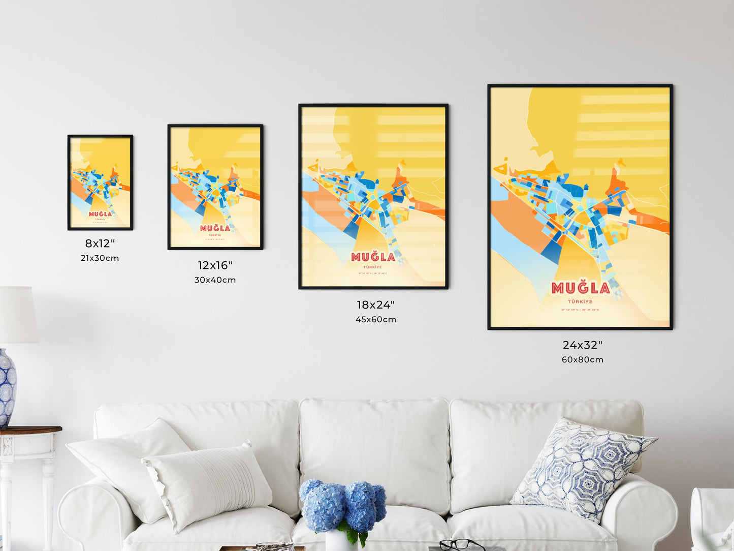 Colorful MUĞLA TURKEY Fine Art Map Blue Orange