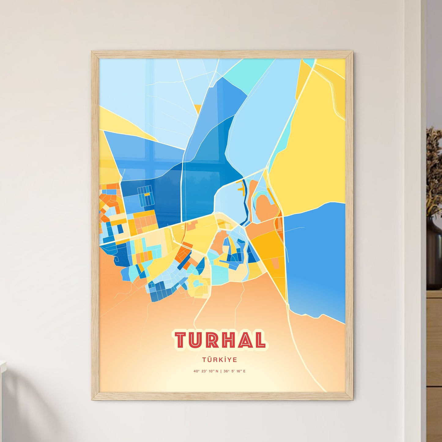 Colorful TURHAL TURKEY Fine Art Map Blue Orange