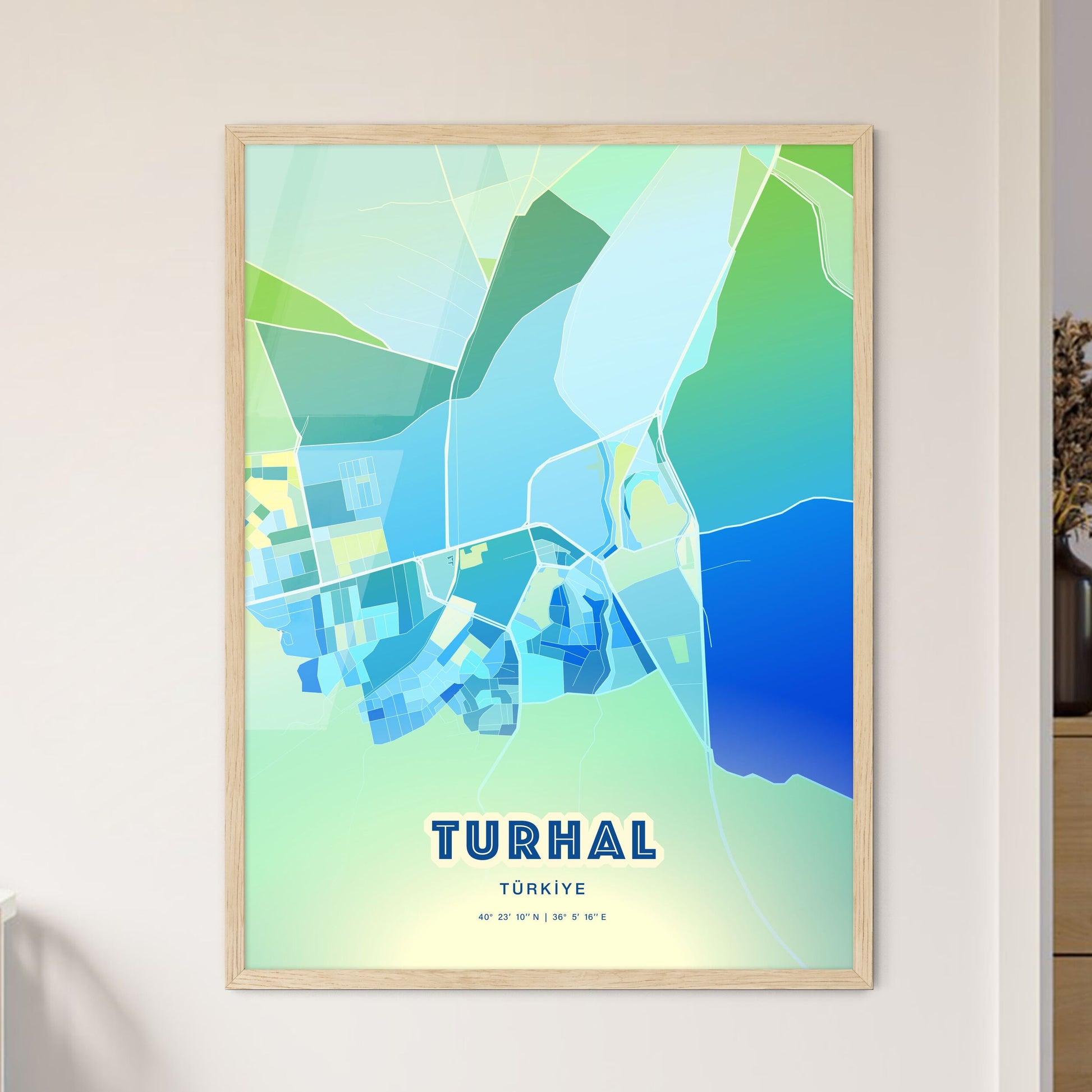 Colorful TURHAL TURKEY Fine Art Map Cool Blue