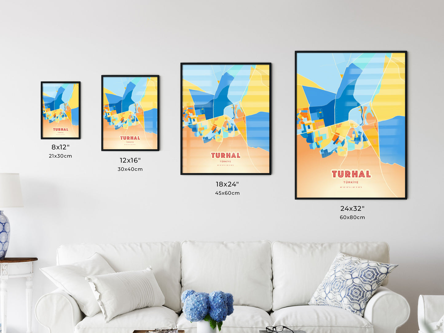 Colorful TURHAL TURKEY Fine Art Map Blue Orange