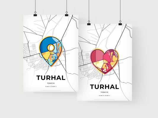 TURHAL TURKEY minimal art map with a colorful icon. Where it all began, Couple map gift.
