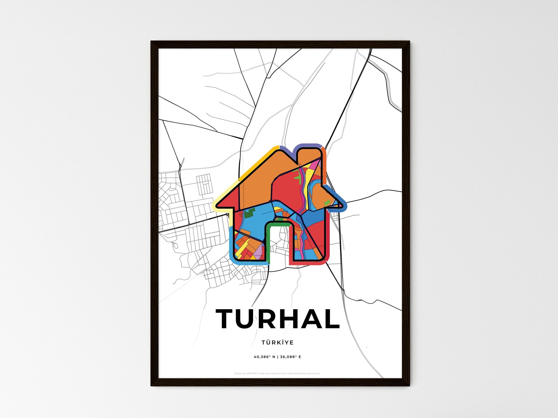 TURHAL TURKEY minimal art map with a colorful icon. Where it all began, Couple map gift. Style 3