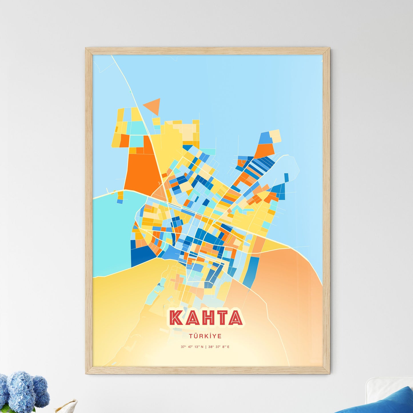 Colorful KAHTA TURKEY Fine Art Map Blue Orange