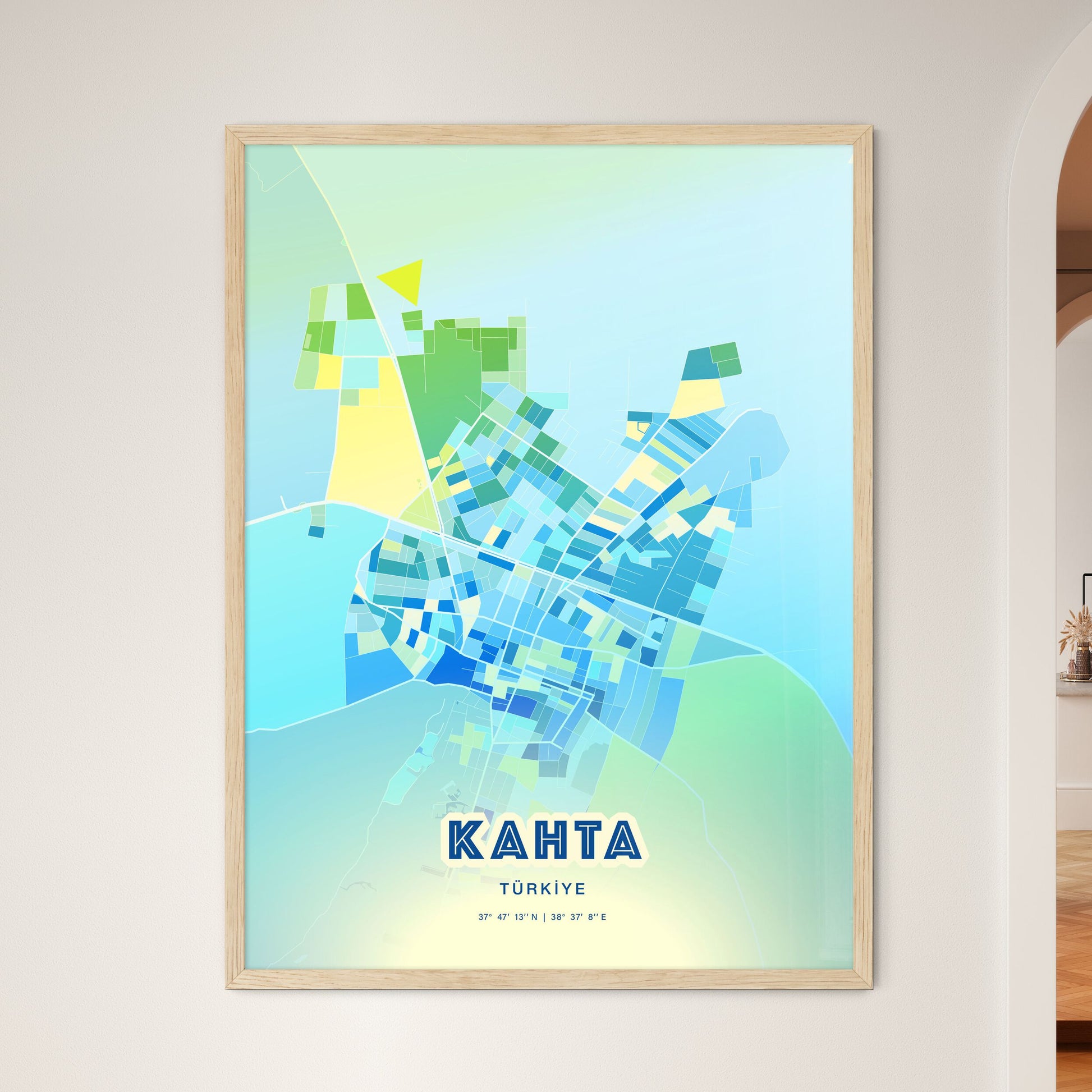 Colorful KAHTA TURKEY Fine Art Map Cool Blue