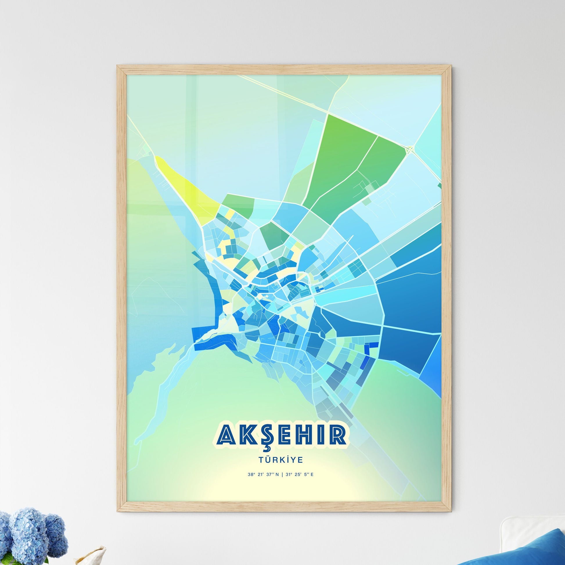 Colorful AKŞEHIR TURKEY Fine Art Map Cool Blue