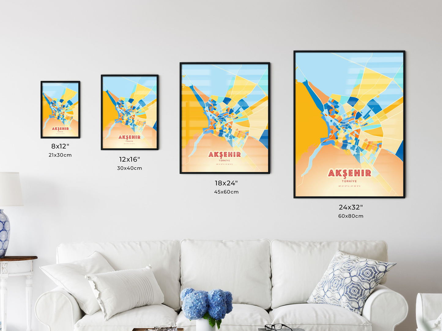 Colorful AKŞEHIR TURKEY Fine Art Map Blue Orange