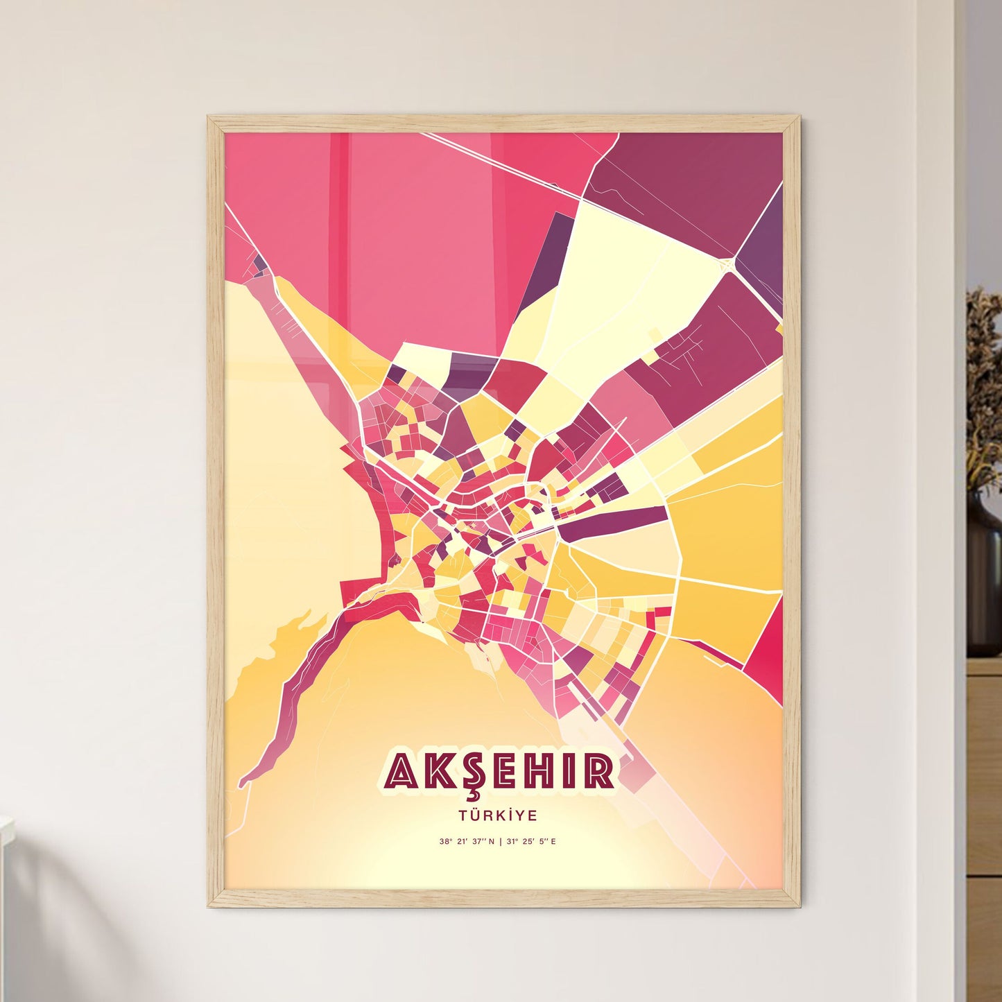 Colorful AKŞEHIR TURKEY Fine Art Map Hot Red