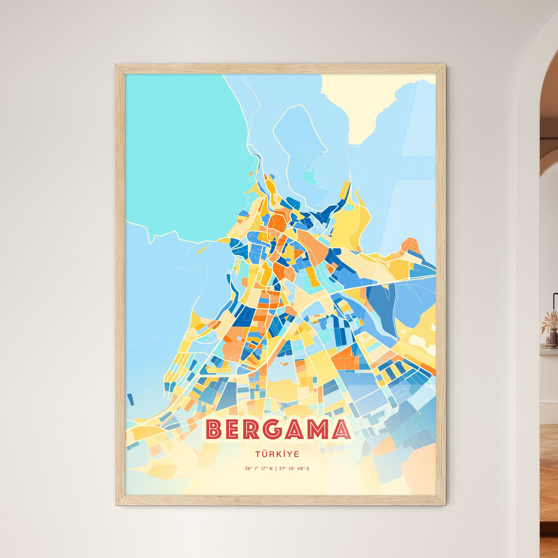 Colorful BERGAMA TURKEY Fine Art Map Blue Orange