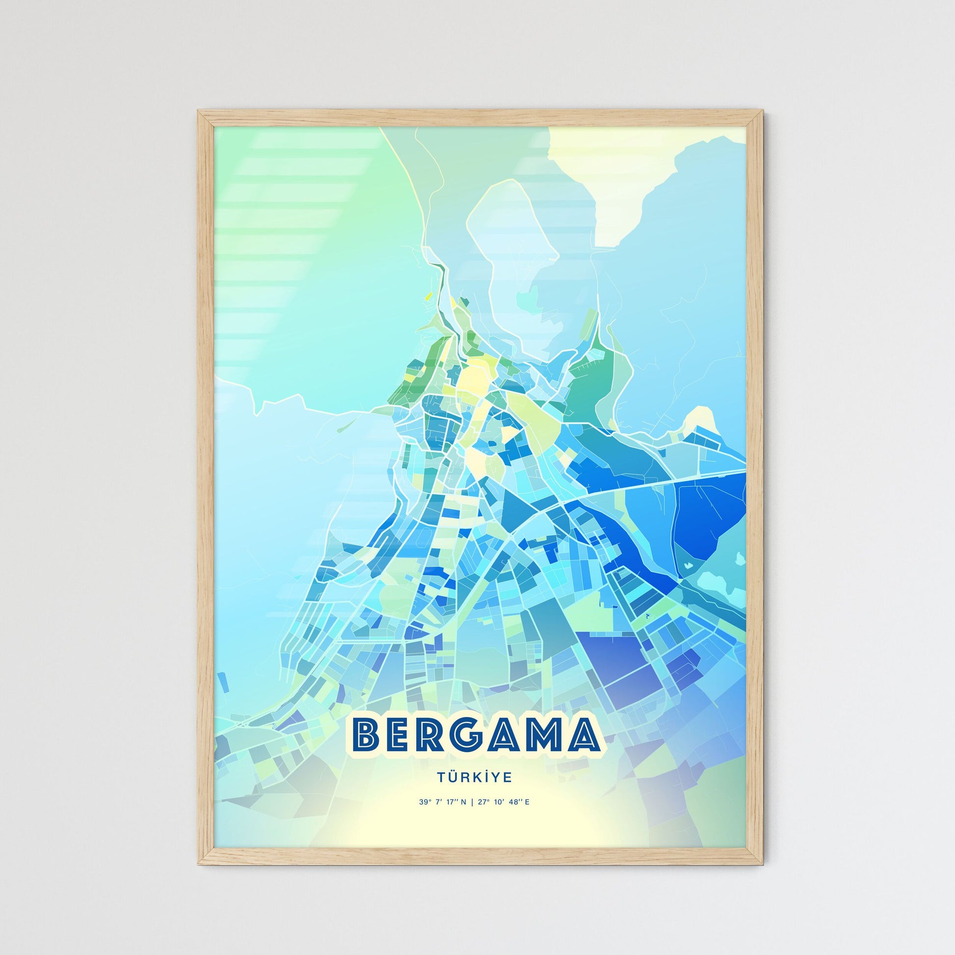 Colorful BERGAMA TURKEY Fine Art Map Cool Blue