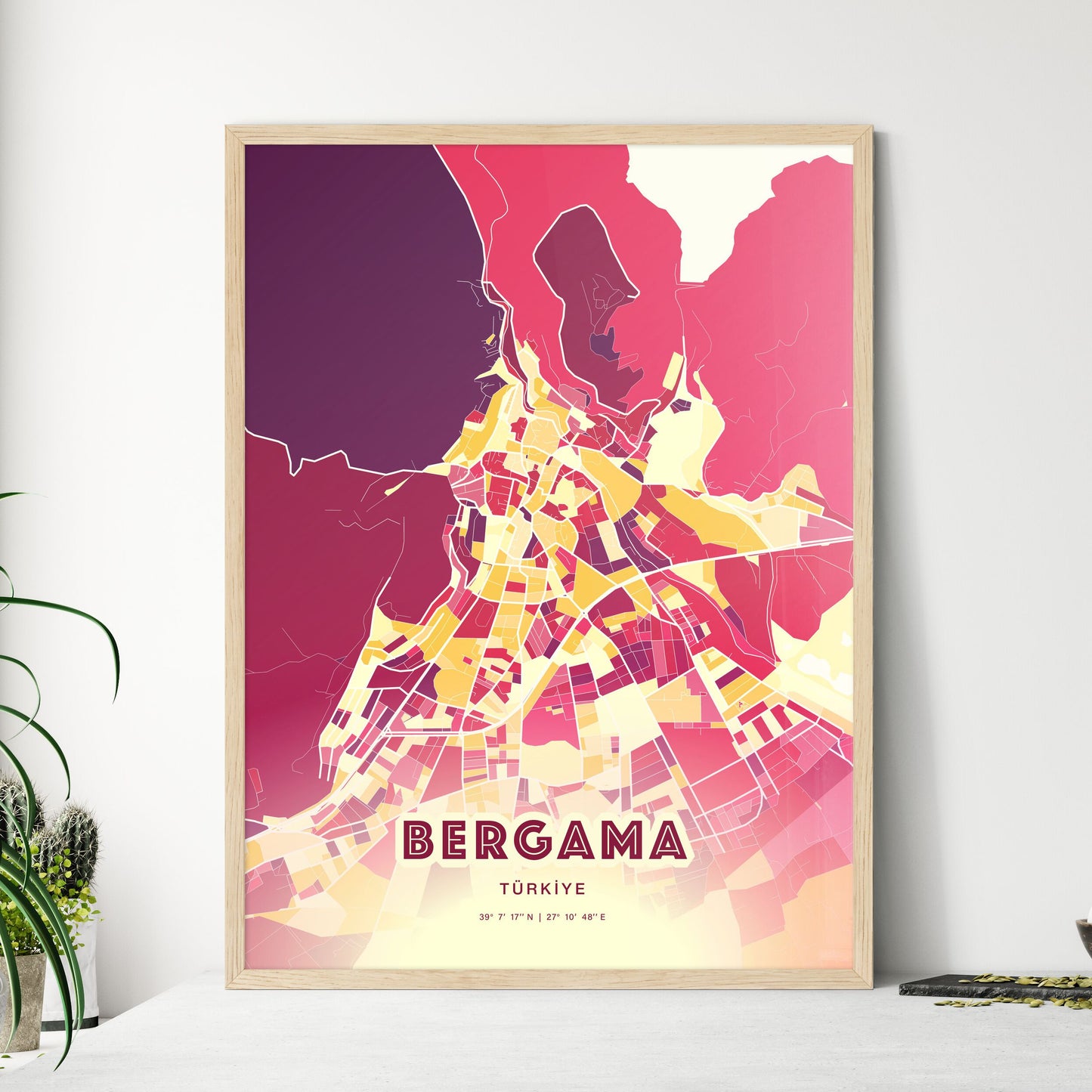 Colorful BERGAMA TURKEY Fine Art Map Hot Red