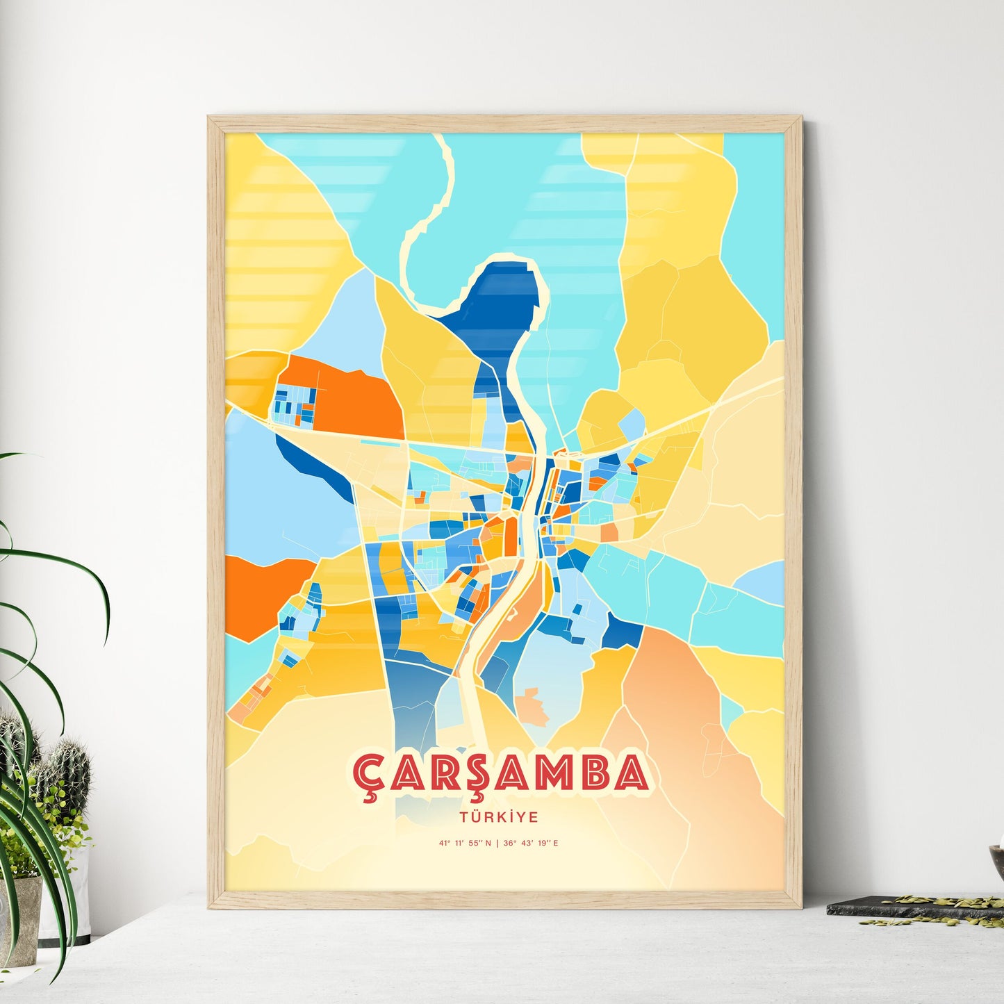 Colorful ÇARŞAMBA TURKEY Fine Art Map Blue Orange