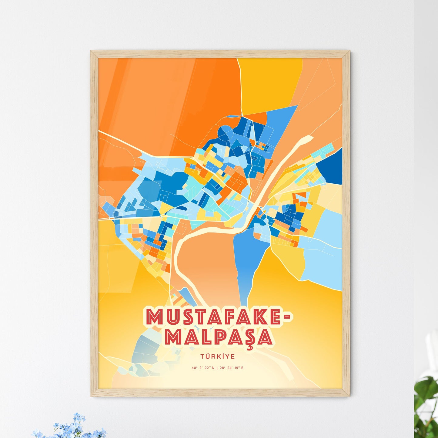Colorful MUSTAFAKEMALPAŞA TURKEY Fine Art Map Blue Orange