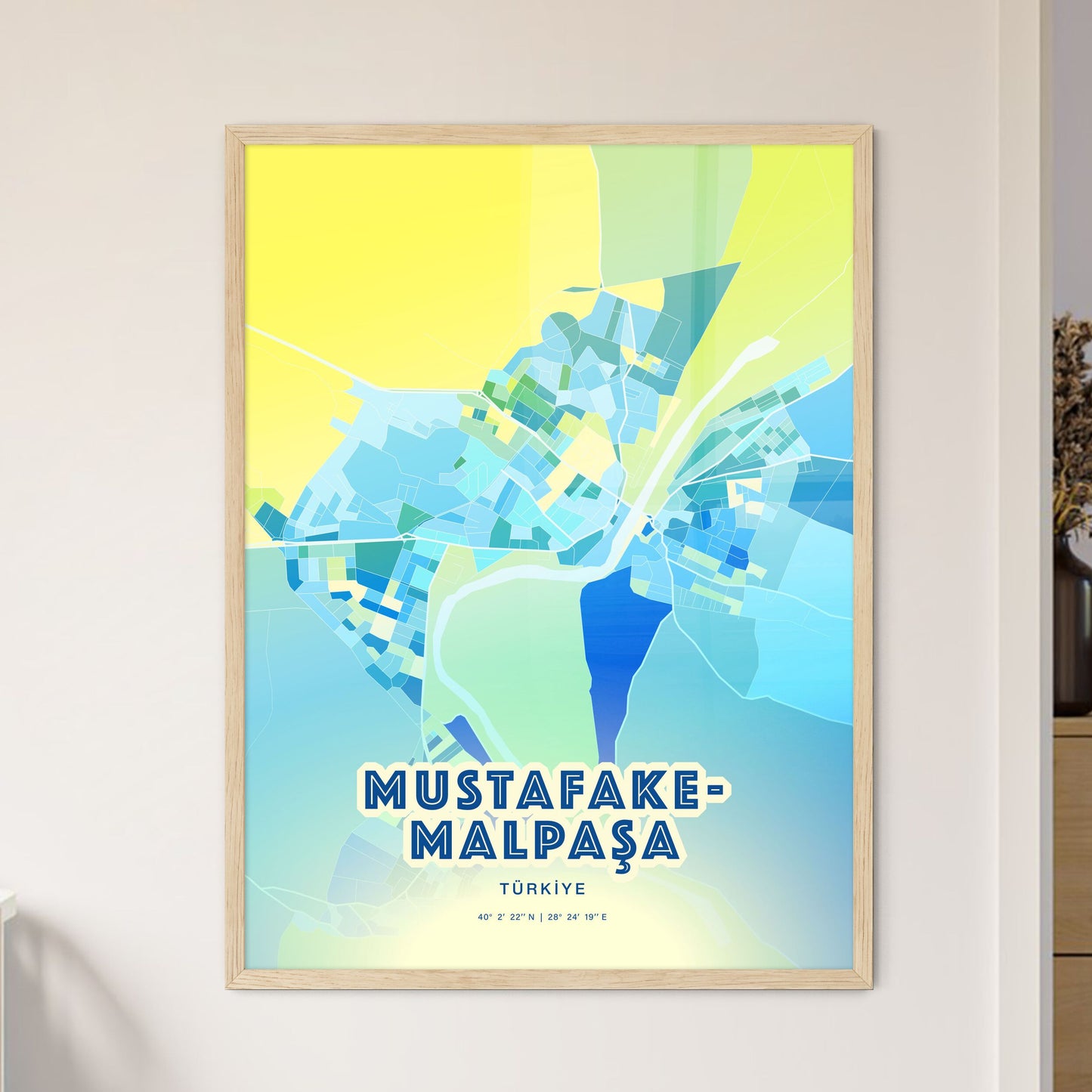 Colorful MUSTAFAKEMALPAŞA TURKEY Fine Art Map Cool Blue