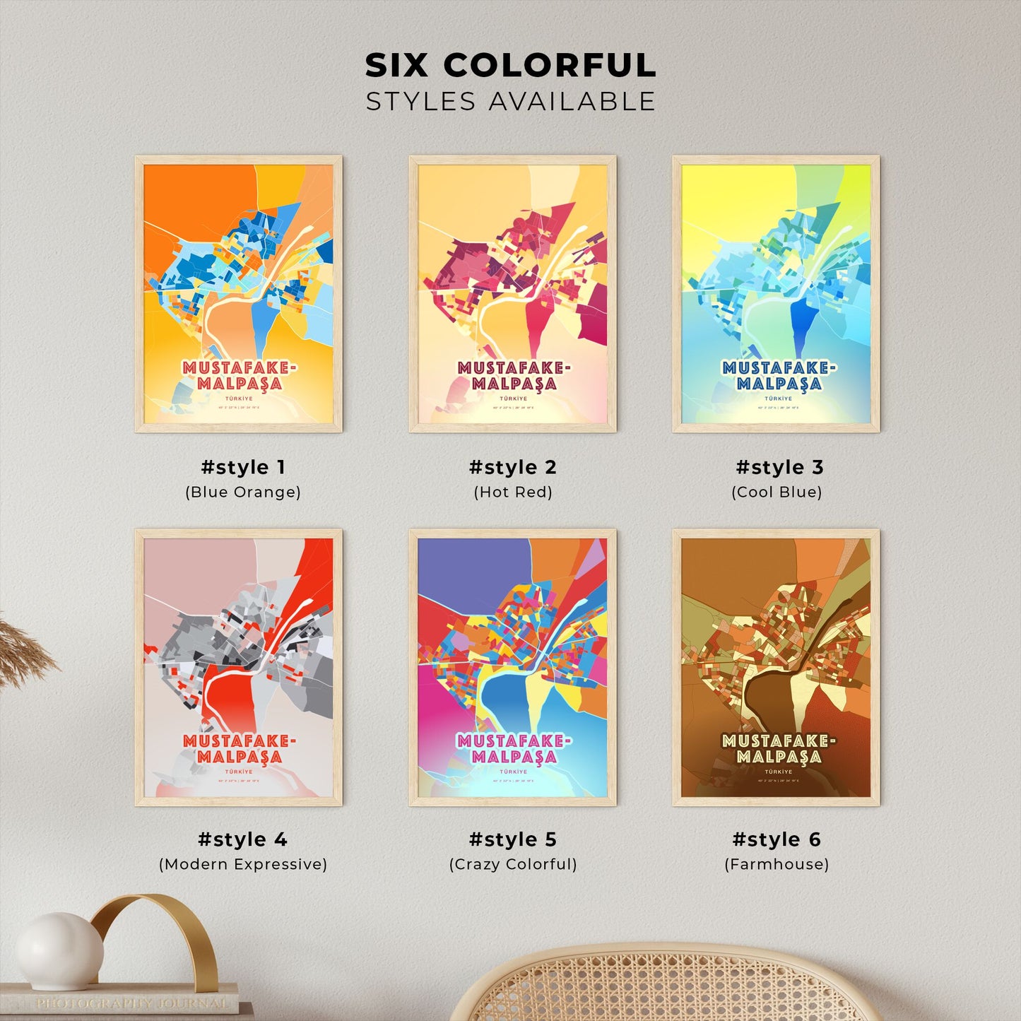 Colorful MUSTAFAKEMALPAŞA TURKEY Fine Art Map Blue Orange