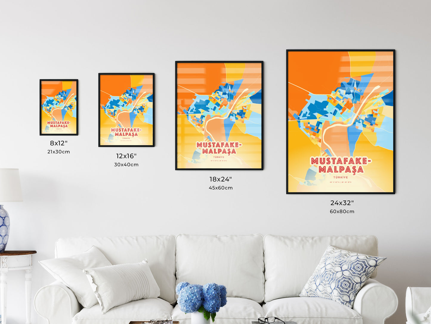 Colorful MUSTAFAKEMALPAŞA TURKEY Fine Art Map Blue Orange