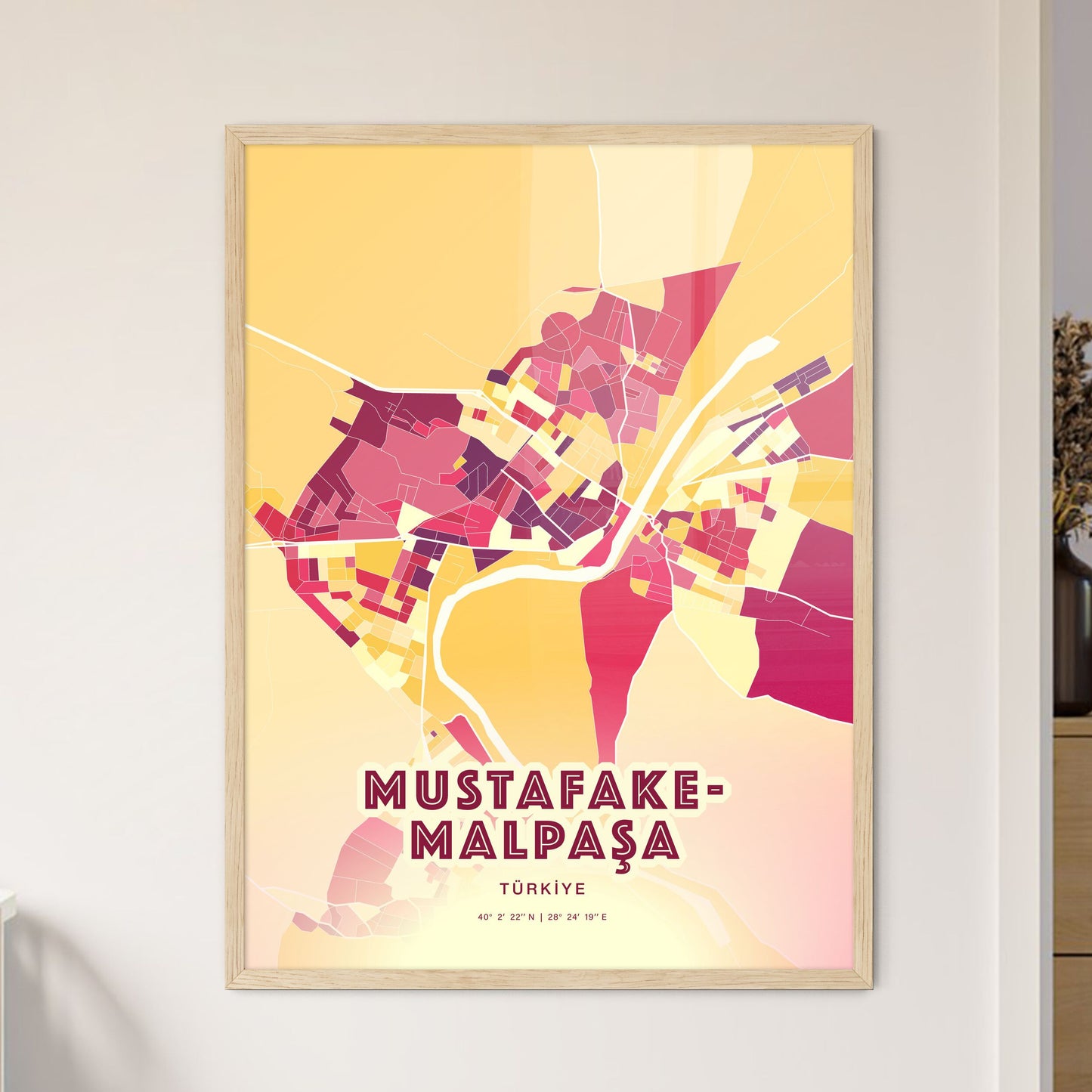 Colorful MUSTAFAKEMALPAŞA TURKEY Fine Art Map Hot Red