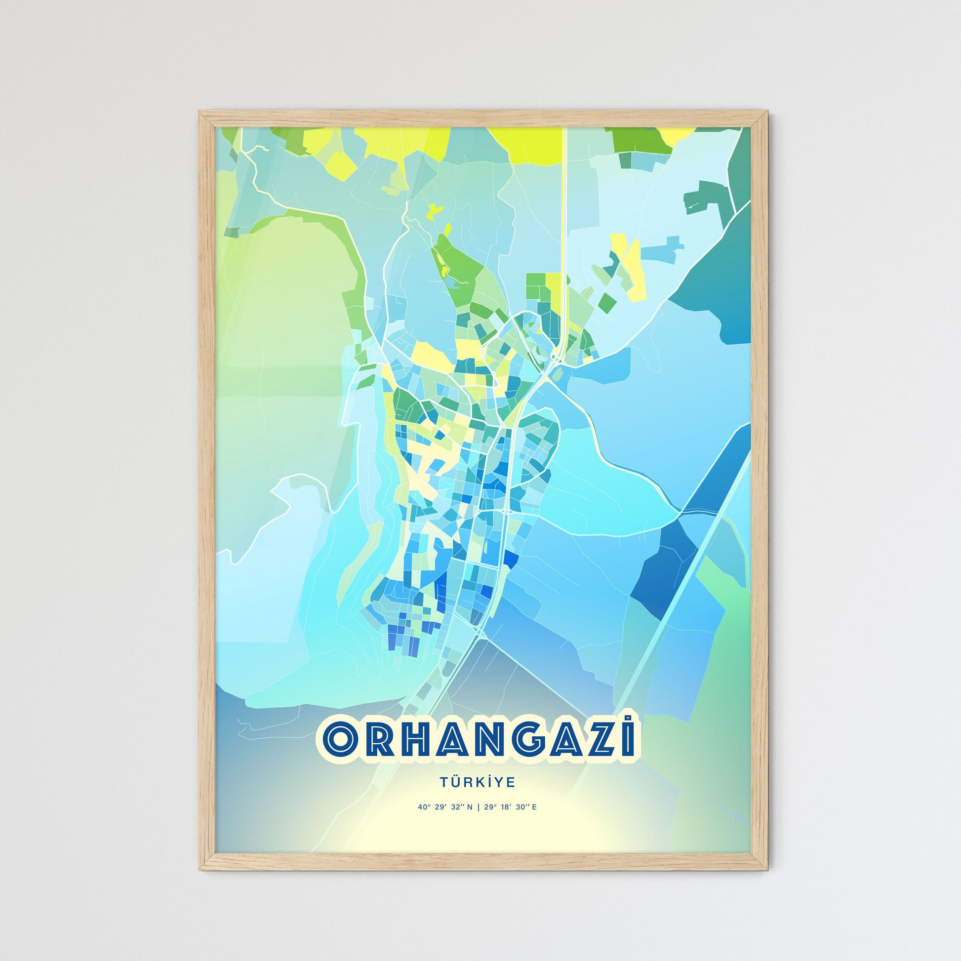 Colorful ORHANGAZI TURKEY Fine Art Map Cool Blue