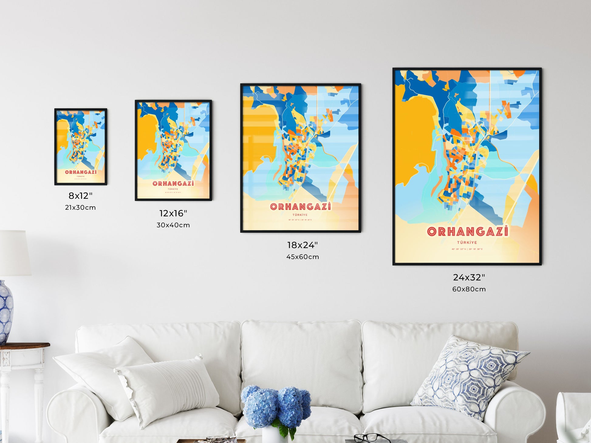 Colorful ORHANGAZI TURKEY Fine Art Map Blue Orange