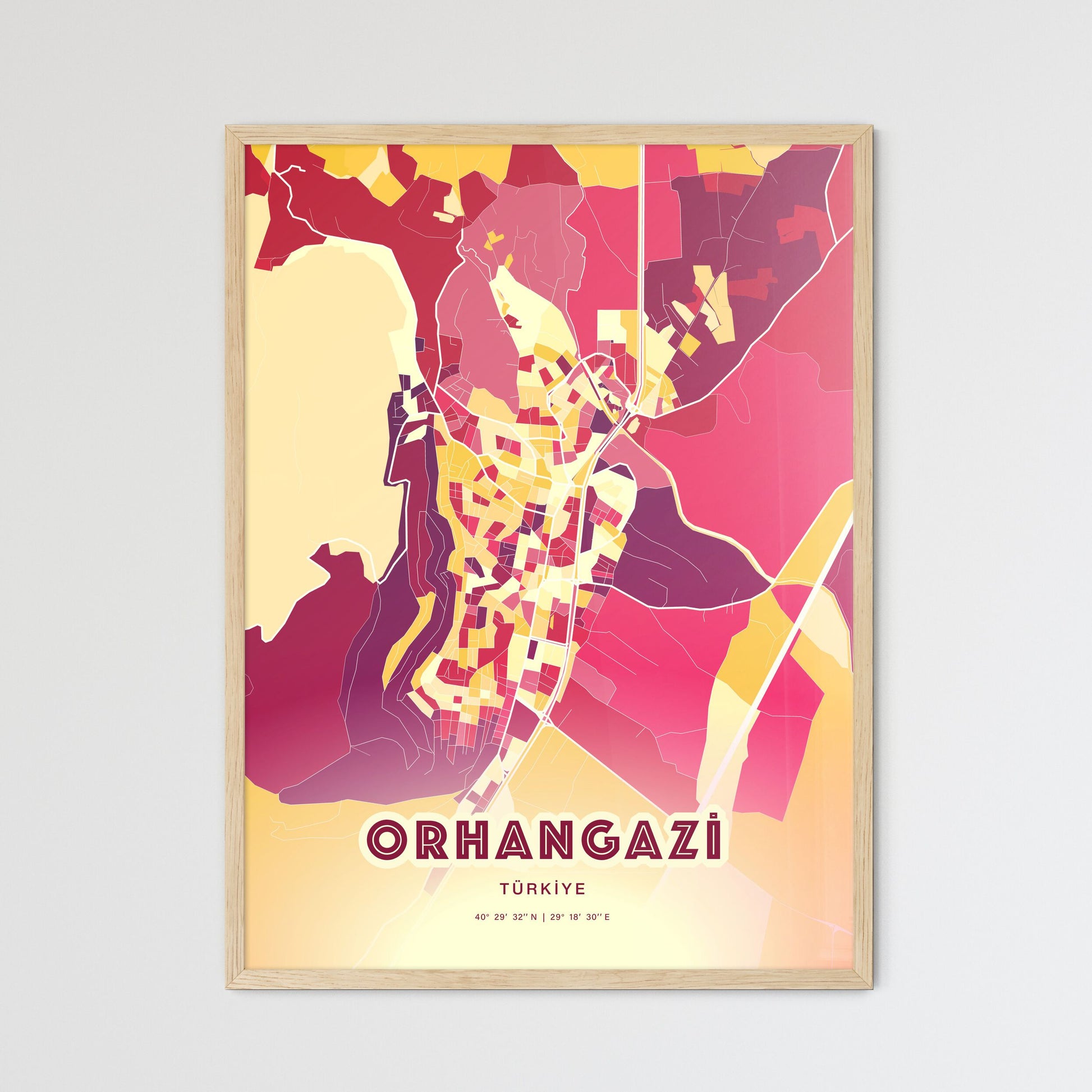 Colorful ORHANGAZI TURKEY Fine Art Map Hot Red