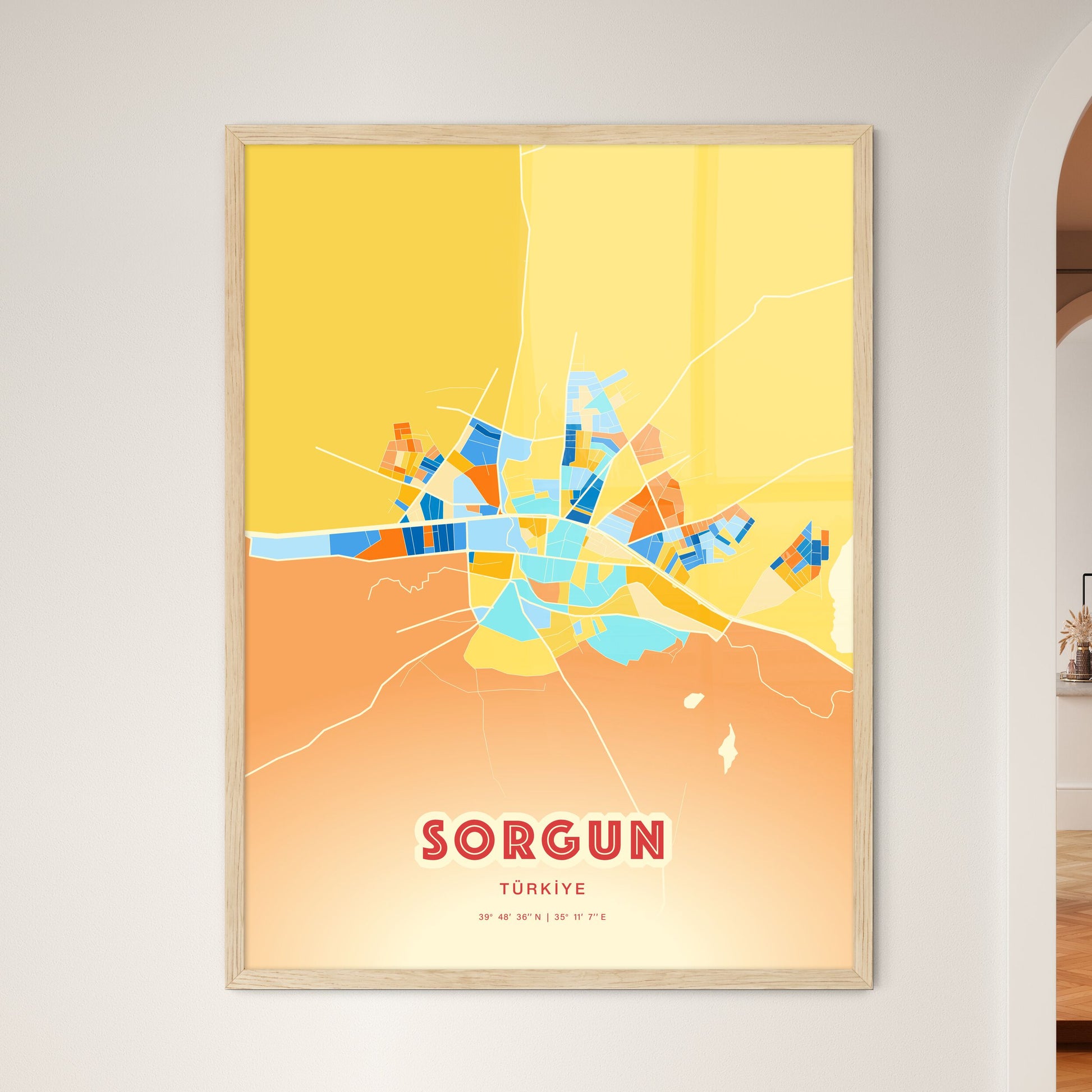 Colorful SORGUN TURKEY Fine Art Map Blue Orange