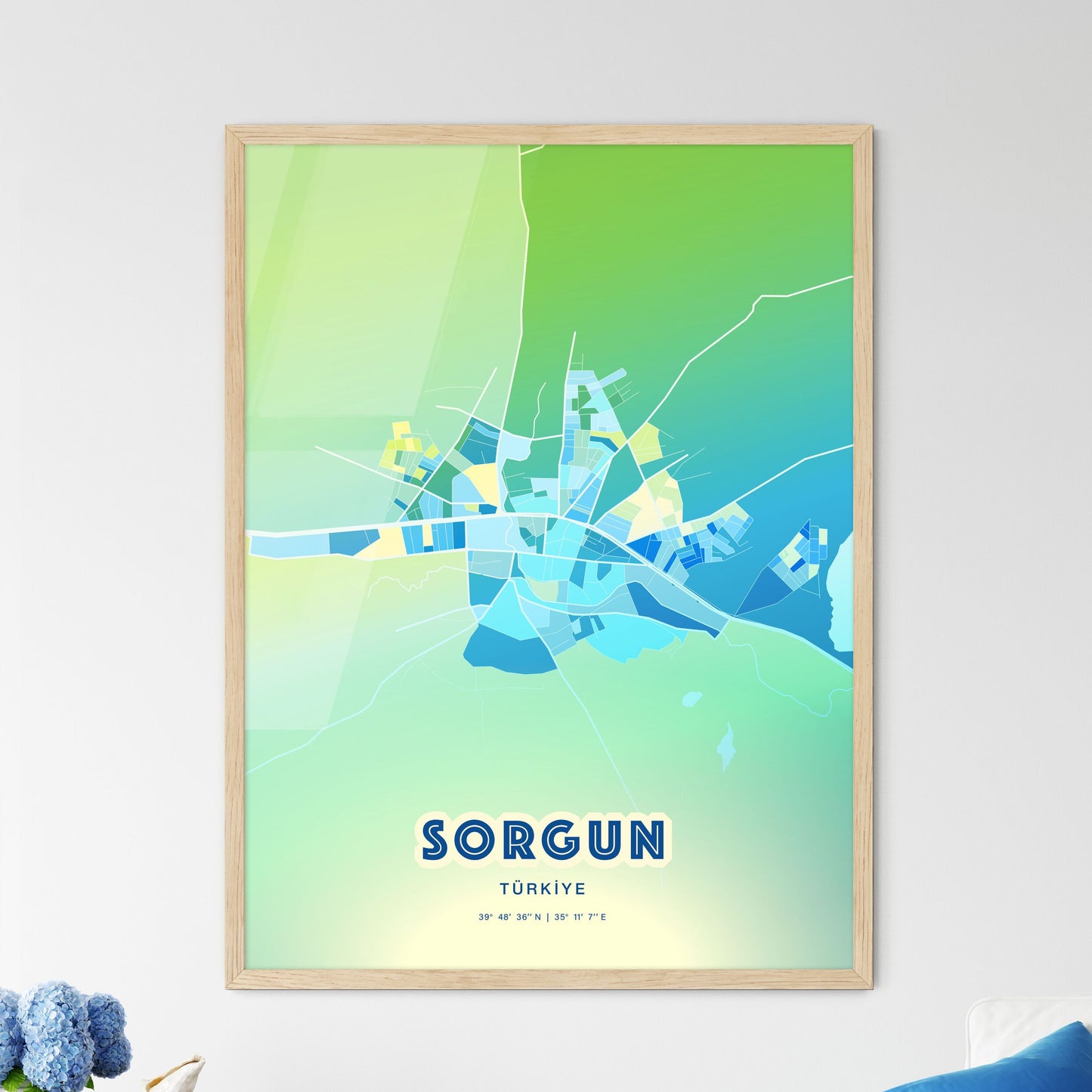 Colorful SORGUN TURKEY Fine Art Map Cool Blue