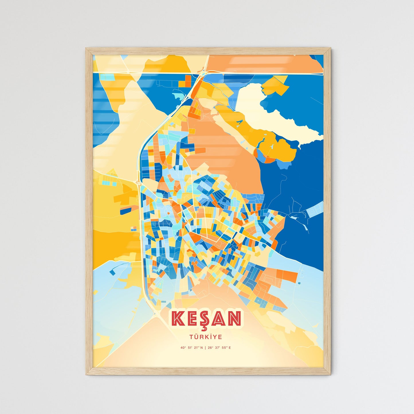 Colorful KEŞAN TURKEY Fine Art Map Blue Orange