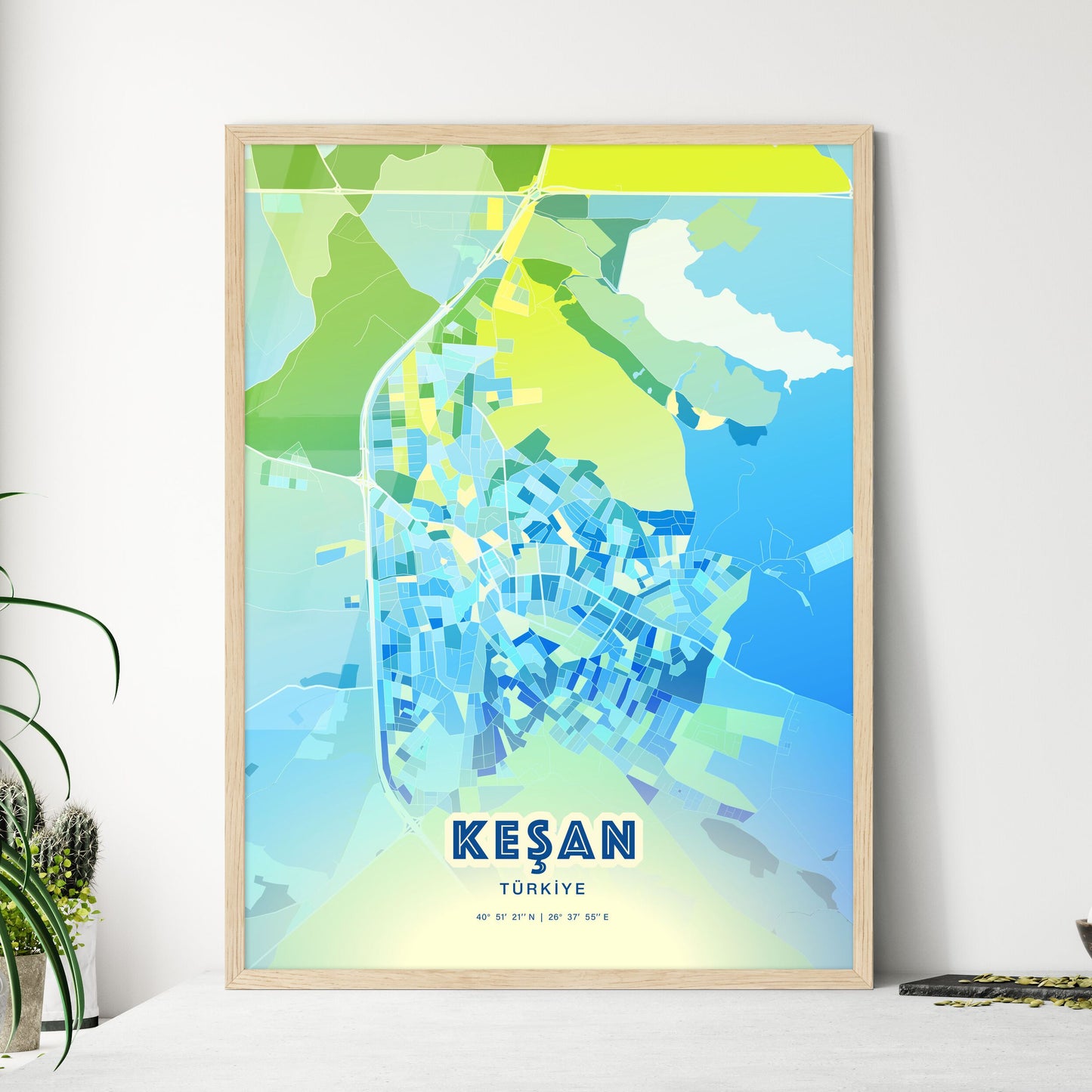 Colorful KEŞAN TURKEY Fine Art Map Cool Blue