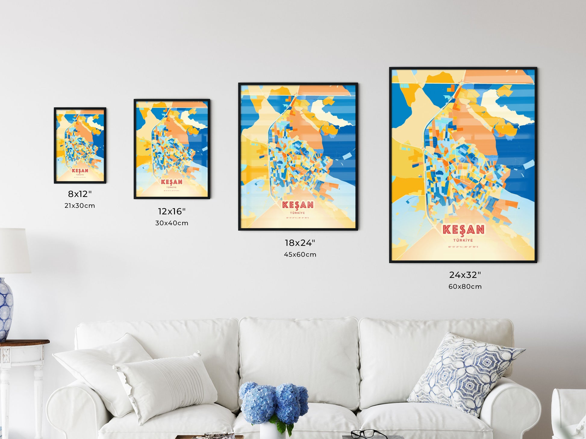 Colorful KEŞAN TURKEY Fine Art Map Blue Orange