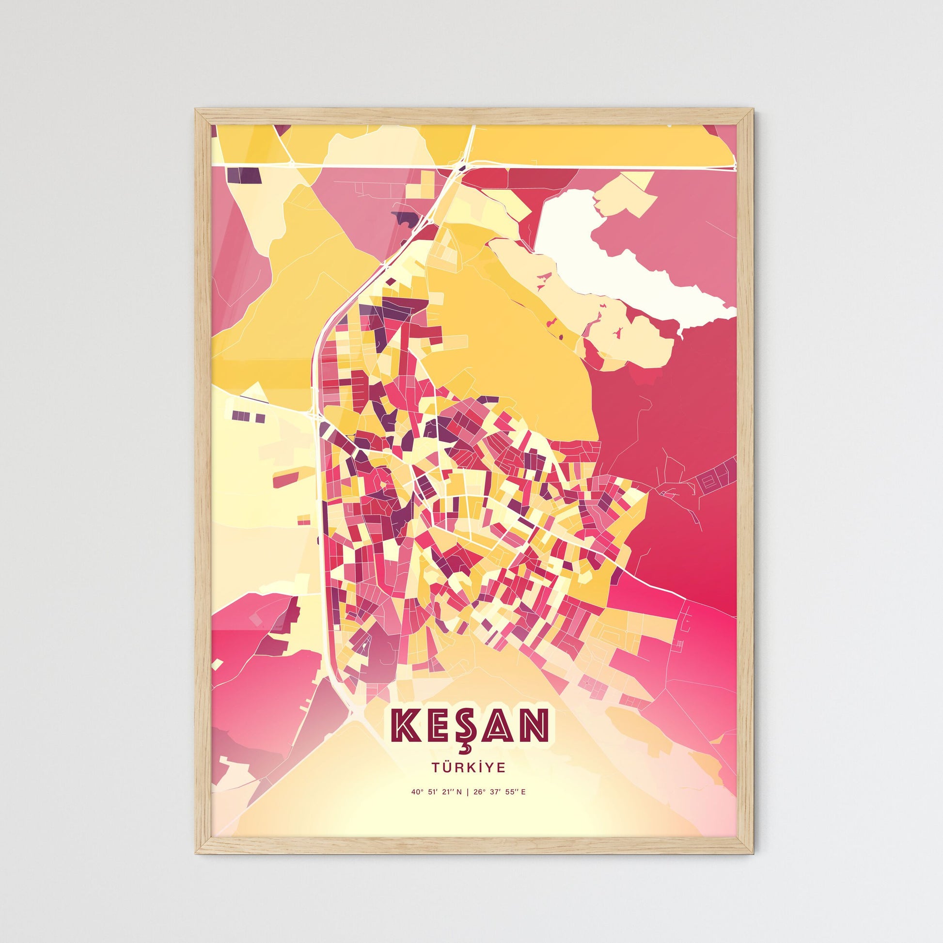 Colorful KEŞAN TURKEY Fine Art Map Hot Red