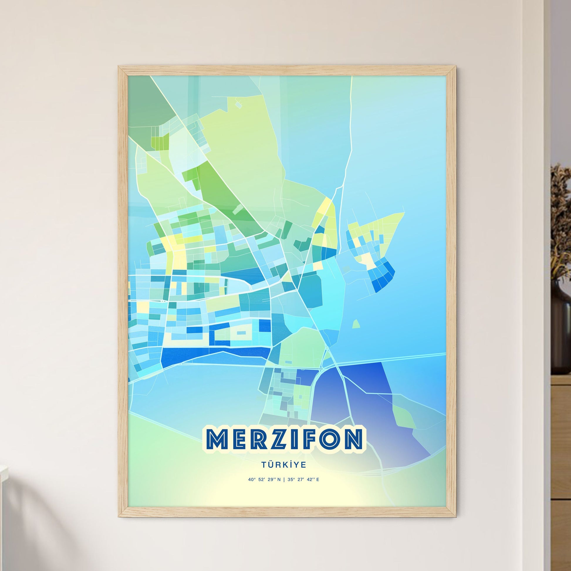 Colorful MERZIFON TURKEY Fine Art Map Cool Blue