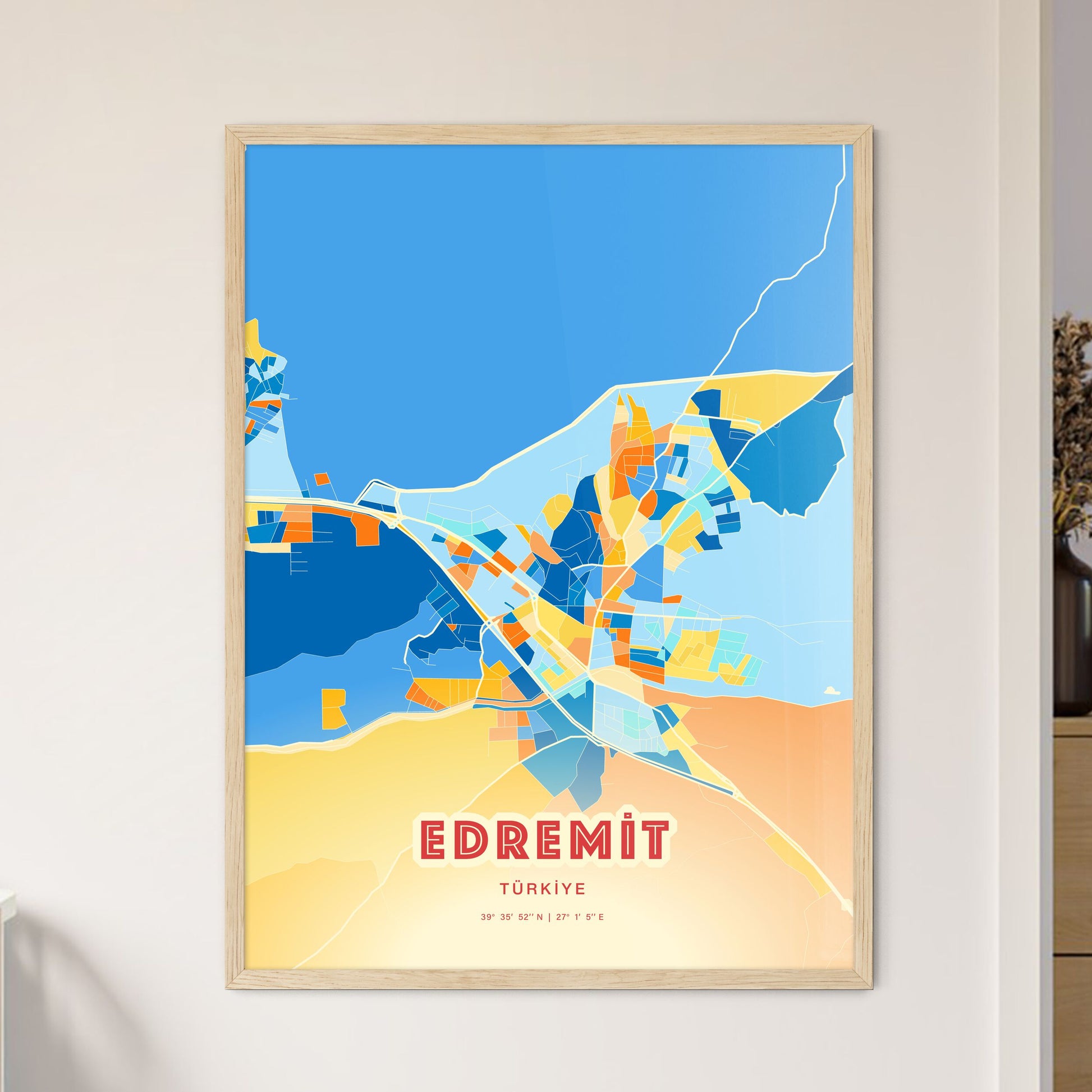 Colorful EDREMIT TURKEY Fine Art Map Blue Orange