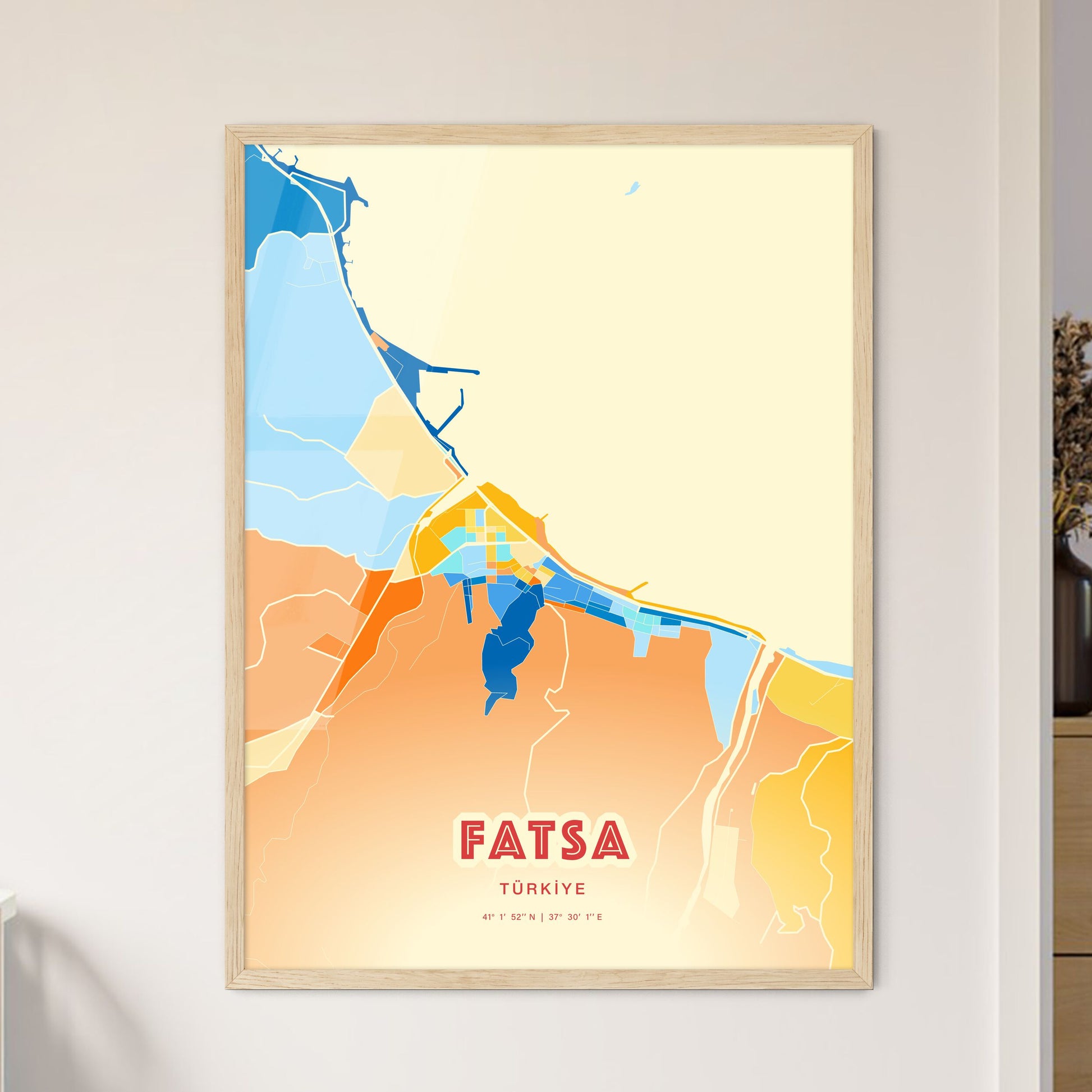 Colorful FATSA TURKEY Fine Art Map Blue Orange