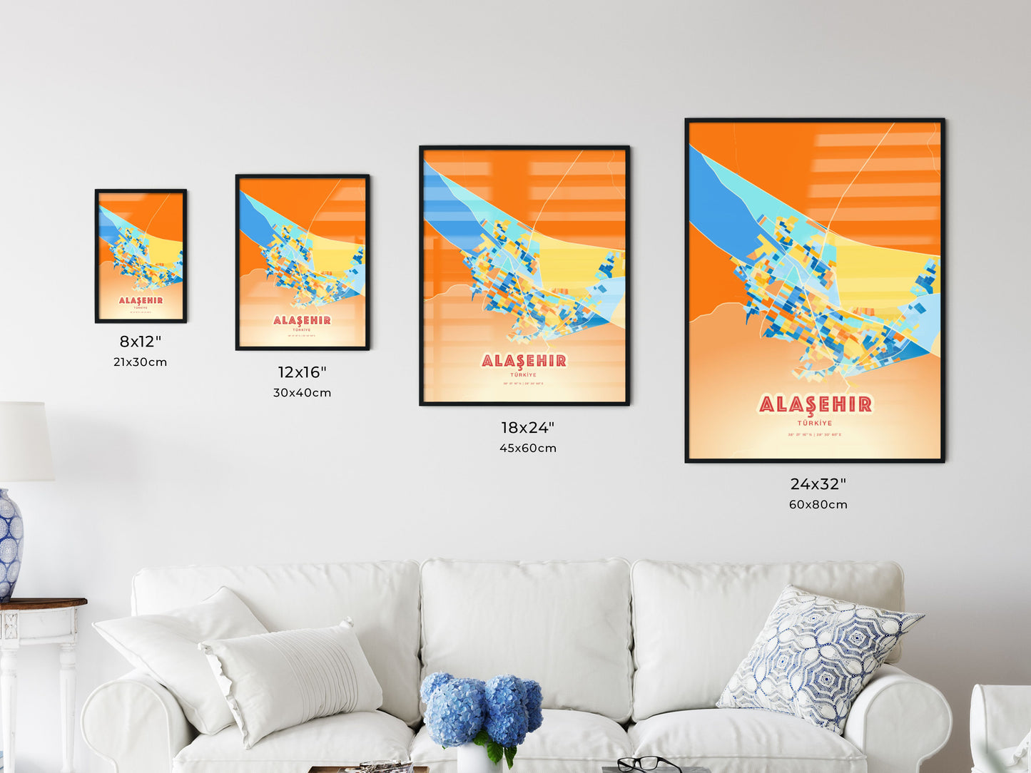 Colorful ALAŞEHIR TURKEY Fine Art Map Blue Orange