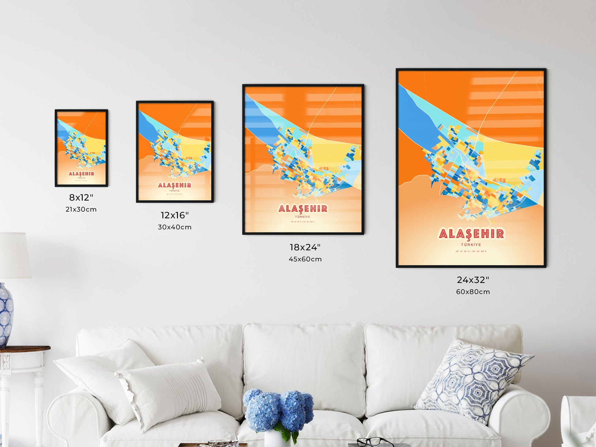 Colorful ALAŞEHIR TURKEY Fine Art Map Blue Orange