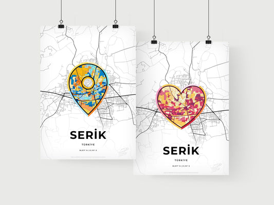 SERIK TURKEY minimal art map with a colorful icon. Where it all began, Couple map gift.