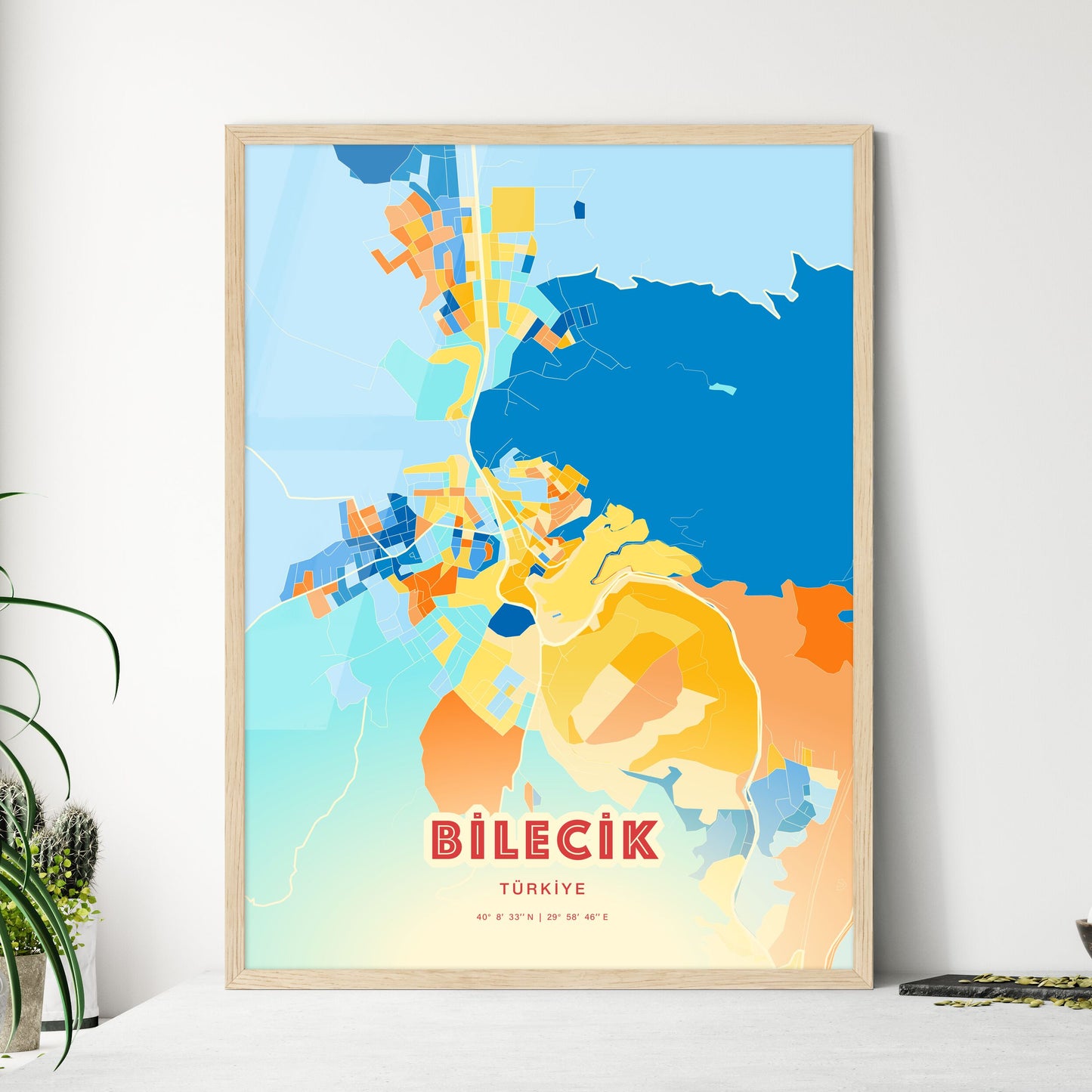 Colorful BILECIK TURKEY Fine Art Map Blue Orange