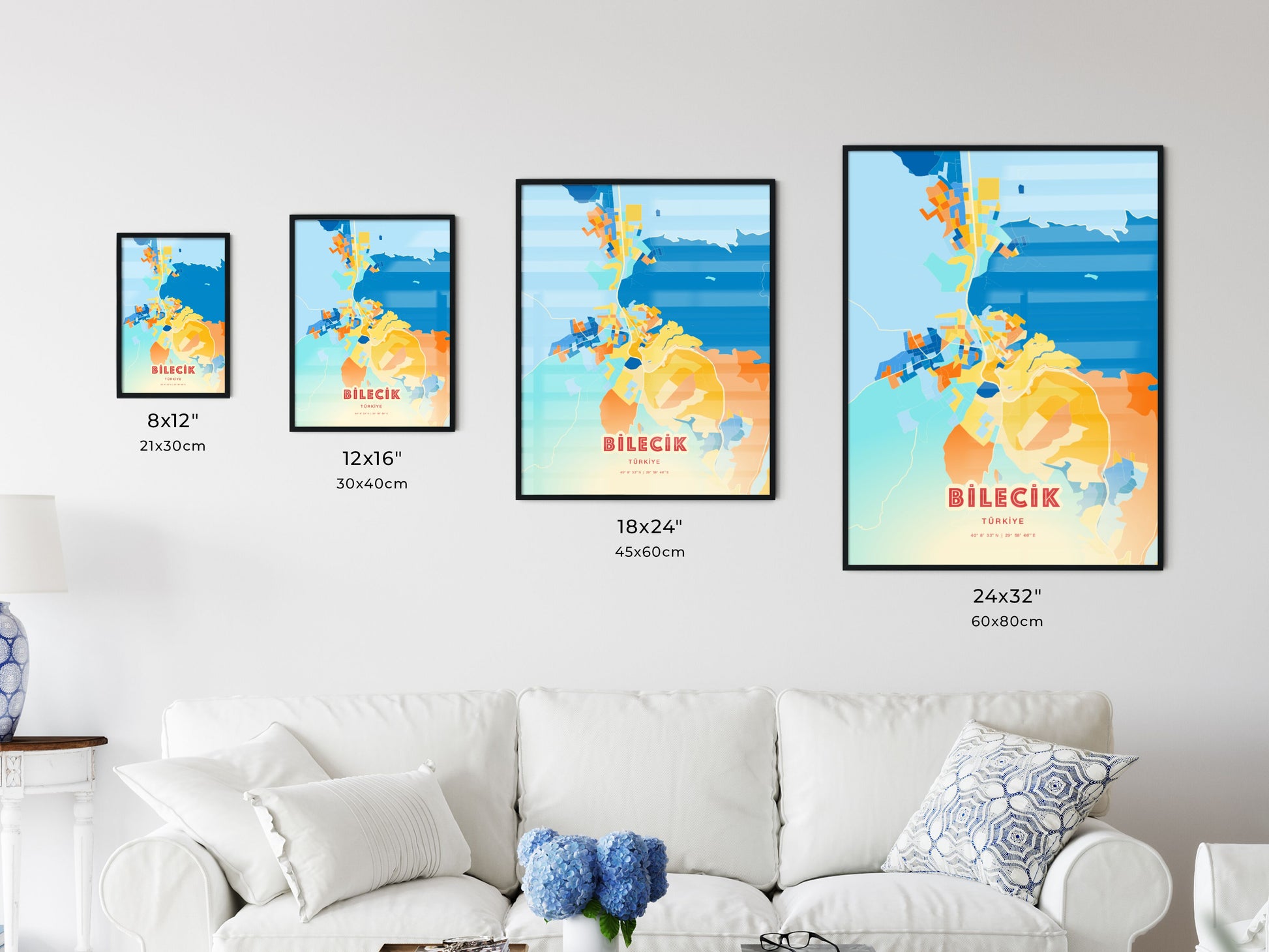 Colorful BILECIK TURKEY Fine Art Map Blue Orange