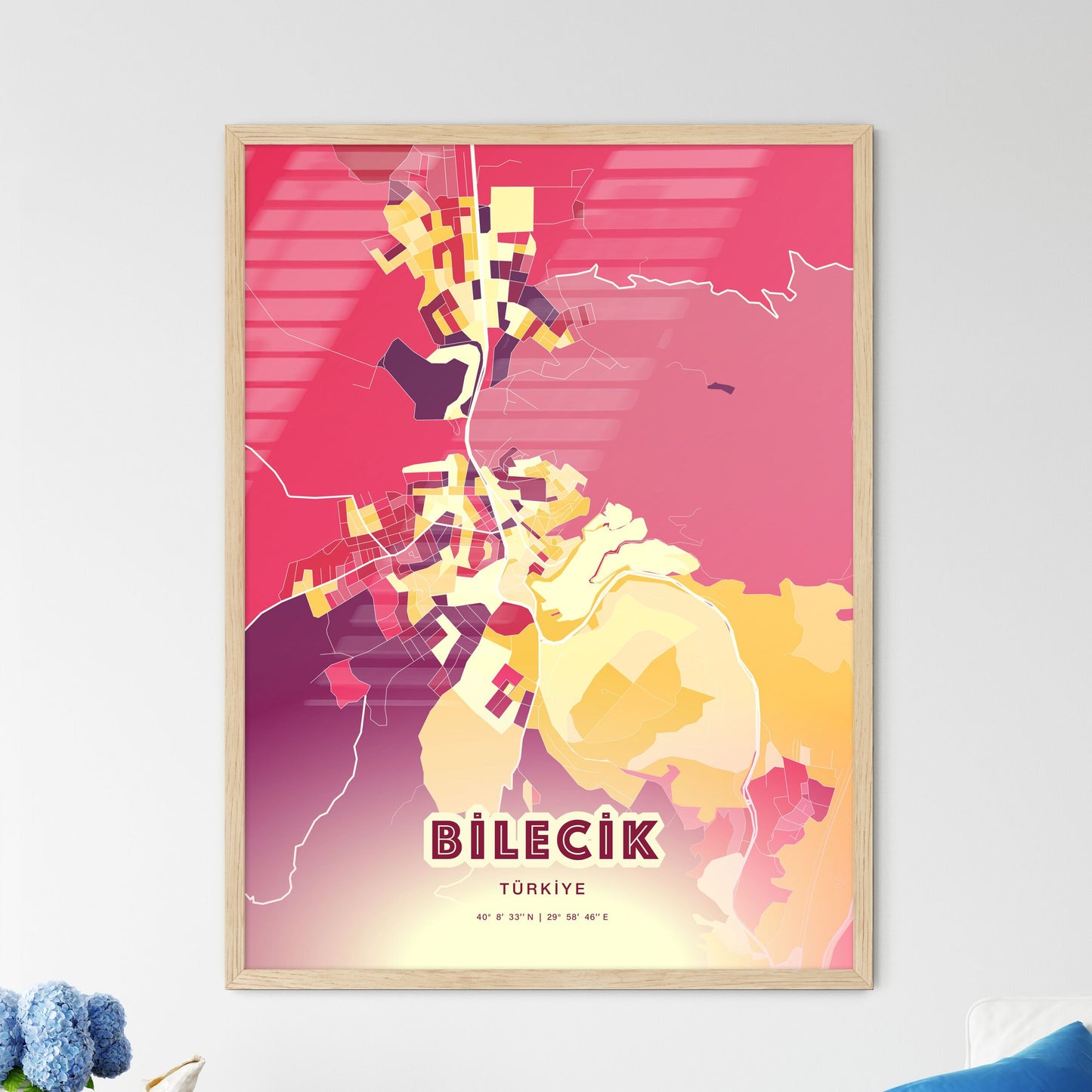 Colorful BILECIK TURKEY Fine Art Map Hot Red