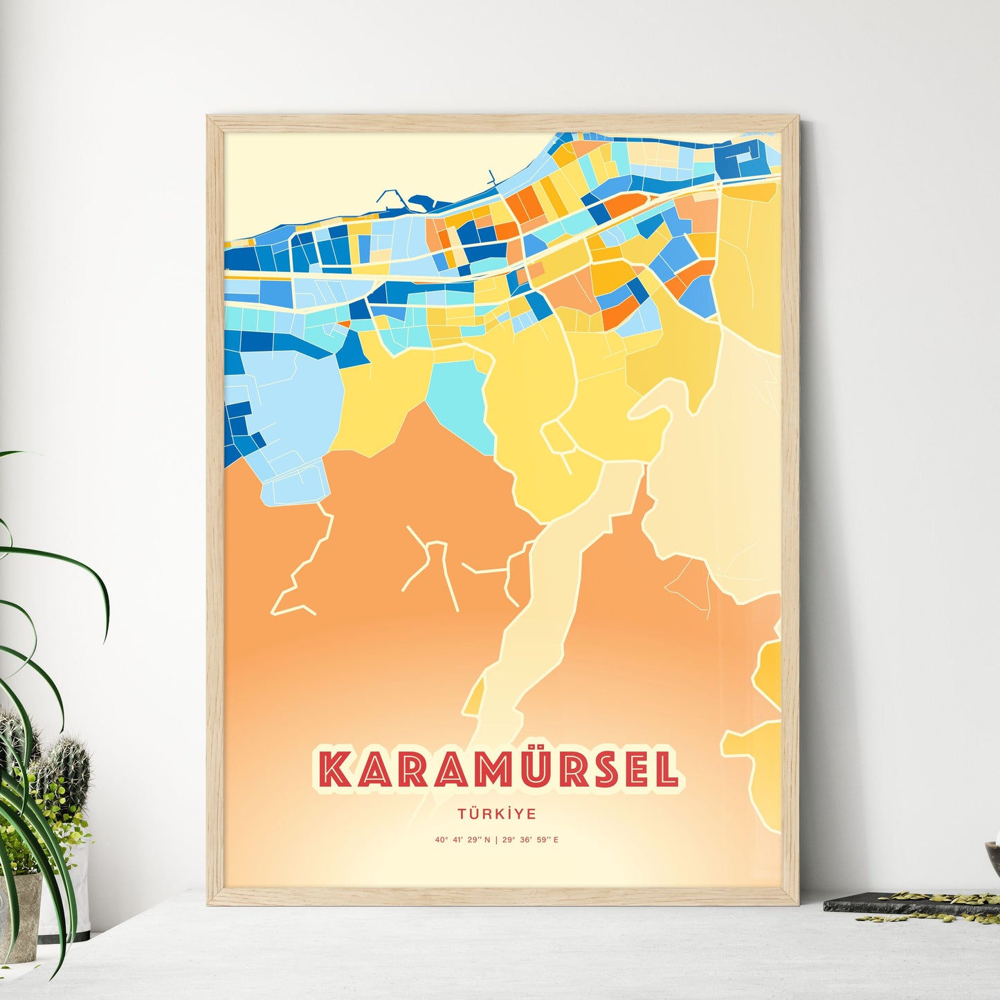 Colorful KARAMÜRSEL TURKEY Fine Art Map Blue Orange