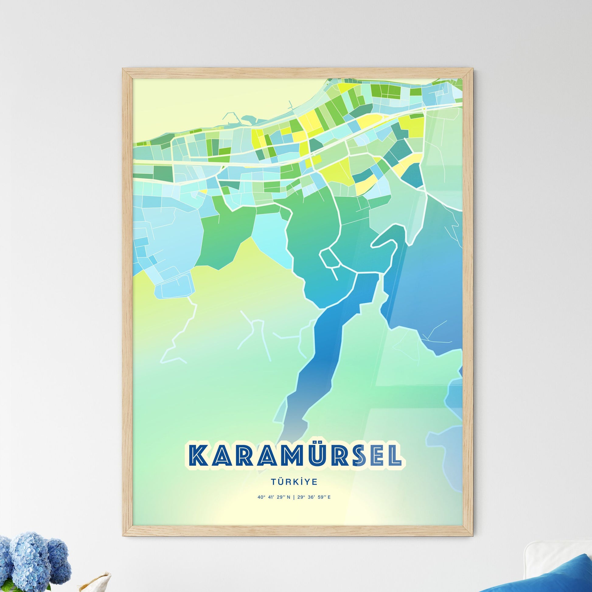 Colorful KARAMÜRSEL TURKEY Fine Art Map Cool Blue