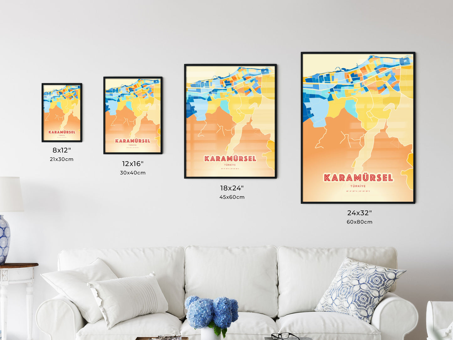 Colorful KARAMÜRSEL TURKEY Fine Art Map Blue Orange