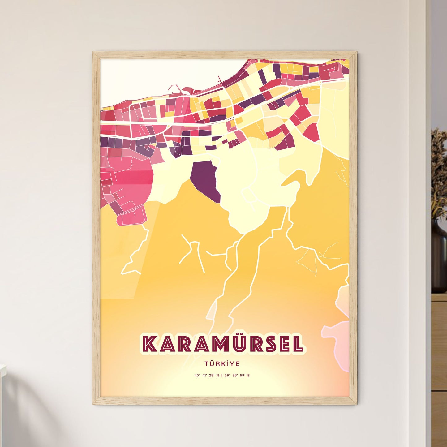 Colorful KARAMÜRSEL TURKEY Fine Art Map Hot Red