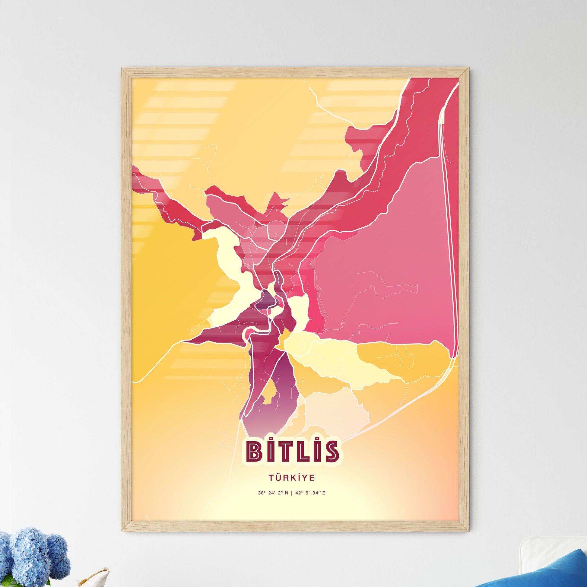 Colorful BITLIS TURKEY Fine Art Map Hot Red