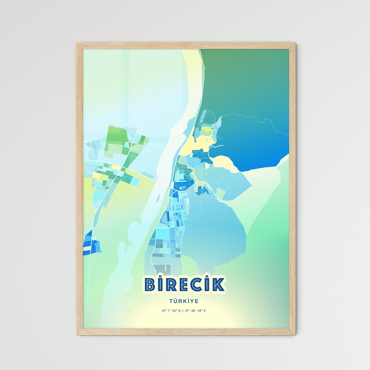 Colorful BIRECIK TURKEY Fine Art Map Cool Blue